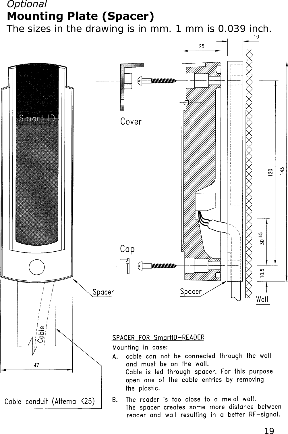 Optional  Mounting Plate (Spacer)  The sizes in the drawing is in mm. 1 mm is 0.039 inch.   19