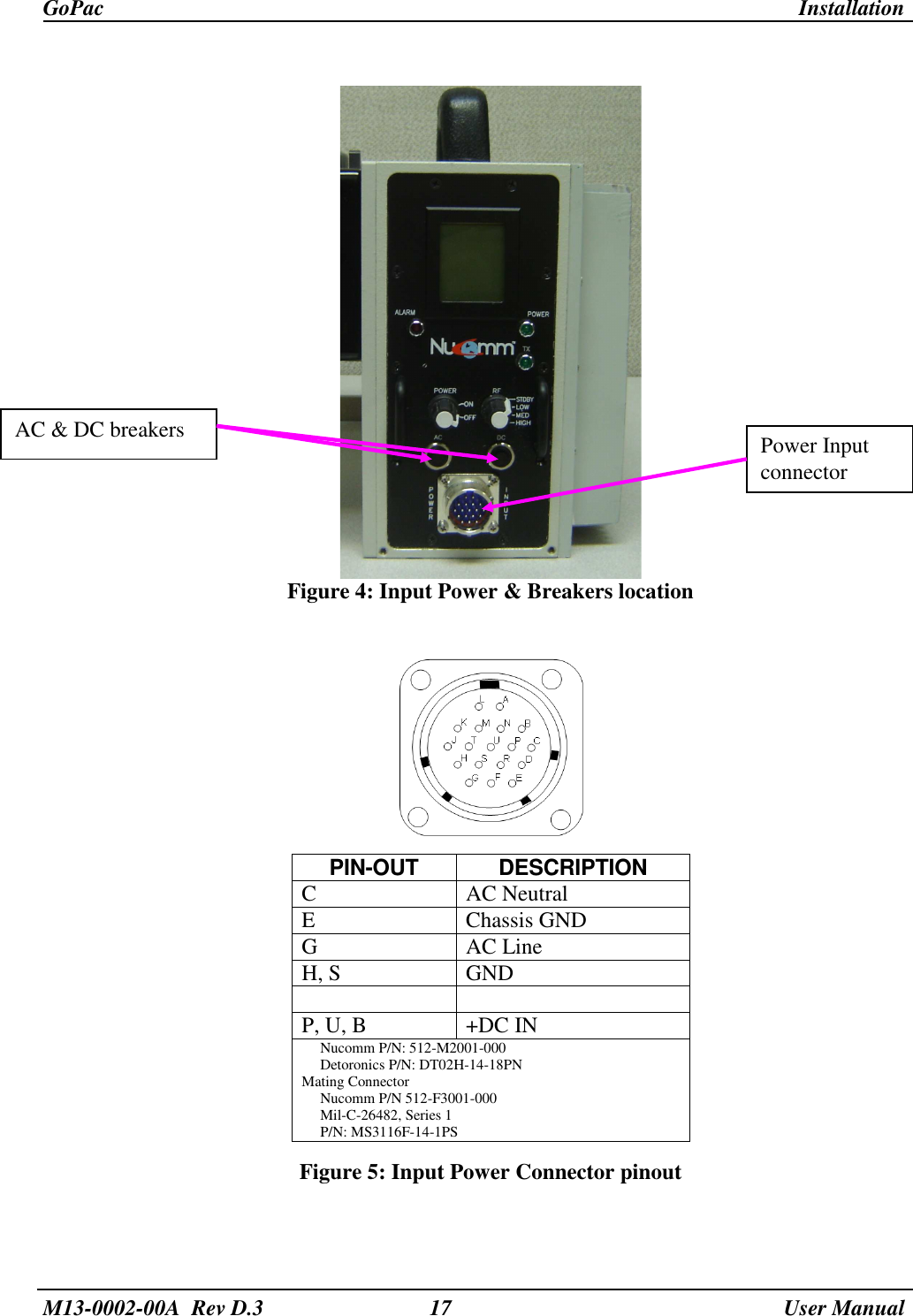 GoPac    Installation  M13-0002-00A  Rev D.3  17    User Manual   Figure 4: Input Power &amp; Breakers location              Figure 5: Input Power Connector pinout   PIN-OUT  DESCRIPTION C  AC Neutral E  Chassis GND G  AC Line H, S  GND    P, U, B  +DC IN      Nucomm P/N: 512-M2001-000      Detoronics P/N: DT02H-14-18PN  Mating Connector      Nucomm P/N 512-F3001-000      Mil-C-26482, Series 1      P/N: MS3116F-14-1PS AC &amp; DC breakers  Power Input connector 