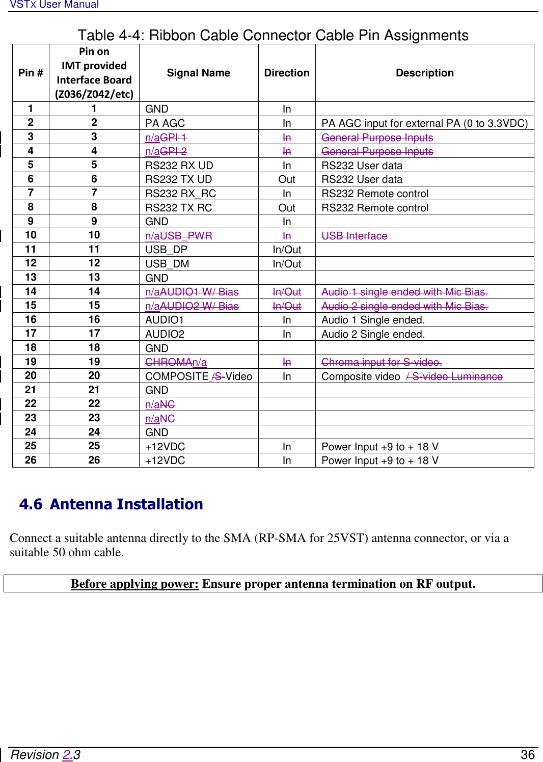 VSTX User Manual   Revision 2.3    36 Table 4-4: Ribbon Cable Connector Cable Pin Assignments Pin # Pin on  IMT provided  Interface Board (Z036/Z042/etc) Signal Name Direction Description 1 1 GND In   2 2 PA AGC In PA AGC input for external PA (0 to 3.3VDC) 3 3 n/aGPI 1 In General Purpose Inputs 4 4 n/aGPI 2 In General Purpose Inputs 5 5 RS232 RX UD In RS232 User data 6 6 RS232 TX UD Out RS232 User data 7 7 RS232 RX_RC In RS232 Remote control 8 8 RS232 TX RC Out RS232 Remote control 9 9 GND In   10 10 n/aUSB_PWR In USB Interface 11 11 USB_DP In/Out   12 12 USB_DM In/Out   13 13 GND     14 14 n/aAUDIO1 W/ Bias In/Out Audio 1 single ended with Mic Bias. 15 15 n/aAUDIO2 W/ Bias In/Out Audio 2 single ended with Mic Bias. 16 16 AUDIO1 In Audio 1 Single ended. 17 17 AUDIO2 In Audio 2 Single ended. 18 18 GND     19 19 CHROMAn/a In Chroma input for S-video.  20 20 COMPOSITE /S-Video In Composite video  / S-video Luminance 21 21 GND     22 22 n/aNC   23 23 n/aNC   24 24 GND     25 25 +12VDC In Power Input +9 to + 18 V 26 26 +12VDC In Power Input +9 to + 18 V  4.6 Antenna Installation  Connect a suitable antenna directly to the SMA (RP-SMA for 25VST) antenna connector, or via a suitable 50 ohm cable.  Before applying power: Ensure proper antenna termination on RF output.      