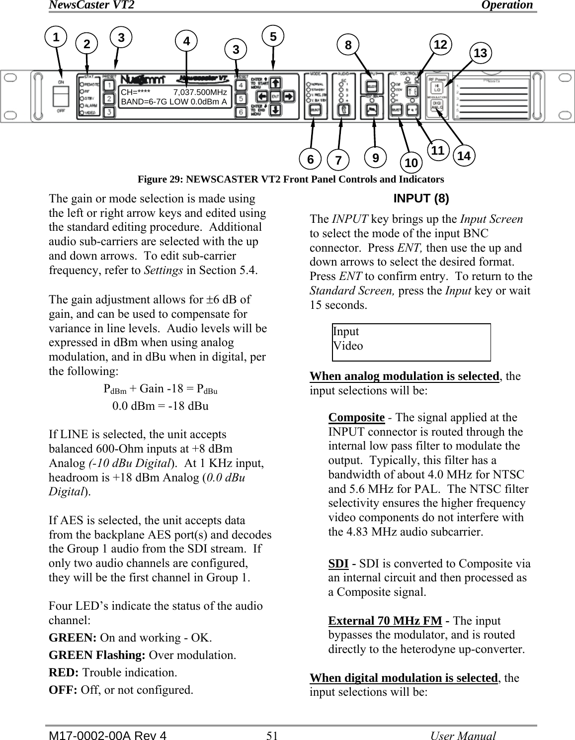 NewsCaster VT2    Operation  M17-0002-00A Rev 4 51   User Manual          Figure 29: NEWSCASTER VT2 Front Panel Controls and Indicators The gain or mode selection is made using the left or right arrow keys and edited using the standard editing procedure.  Additional audio sub-carriers are selected with the up and down arrows.  To edit sub-carrier frequency, refer to Settings in Section 5.4.  The gain adjustment allows for ±6 dB of gain, and can be used to compensate for variance in line levels.  Audio levels will be expressed in dBm when using analog modulation, and in dBu when in digital, per the following:   PdBm + Gain -18 = PdBu 0.0 dBm = -18 dBu  If LINE is selected, the unit accepts balanced 600-Ohm inputs at +8 dBm Analog (-10 dBu Digital).  At 1 KHz input, headroom is +18 dBm Analog (0.0 dBu Digital).  If AES is selected, the unit accepts data from the backplane AES port(s) and decodes the Group 1 audio from the SDI stream.  If only two audio channels are configured, they will be the first channel in Group 1.  Four LED’s indicate the status of the audio channel: GREEN: On and working - OK. GREEN Flashing: Over modulation. RED: Trouble indication. OFF: Off, or not configured. INPUT (8) The INPUT key brings up the Input Screen to select the mode of the input BNC connector.  Press ENT, then use the up and down arrows to select the desired format. Press ENT to confirm entry.  To return to the Standard Screen, press the Input key or wait 15 seconds.     When analog modulation is selected, the input selections will be: Composite - The signal applied at the INPUT connector is routed through the internal low pass filter to modulate the output.  Typically, this filter has a bandwidth of about 4.0 MHz for NTSC and 5.6 MHz for PAL.  The NTSC filter selectivity ensures the higher frequency video components do not interfere with the 4.83 MHz audio subcarrier.  SDI - SDI is converted to Composite via an internal circuit and then processed as a Composite signal.  External 70 MHz FM - The input bypasses the modulator, and is routed directly to the heterodyne up-converter.  When digital modulation is selected, the input selections will be: Input Video CH=****          7,037.500MHz      BAND=6-7G LOW 0.0dBm A 1  4 2  3  5  8 3  12  13 11 10 9 7 6  14 