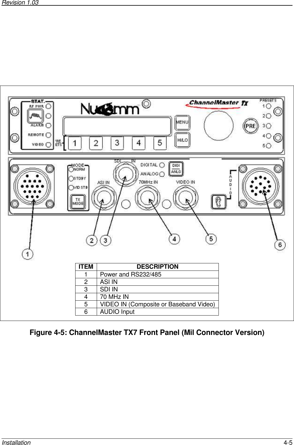 Revision 1.03        Installation  4-5            ITEM DESCRIPTION 1  Power and RS232/485 2  ASI IN 3  SDI IN 4  70 MHz IN 5  VIDEO IN (Composite or Baseband Video)  6  AUDIO Input    Figure 4-5: ChannelMaster TX7 Front Panel (Mil Connector Version) 