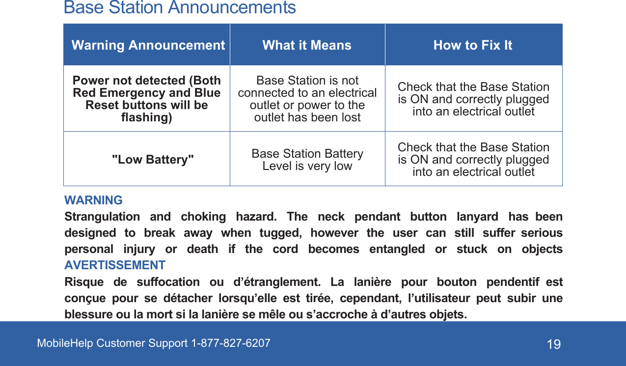 MobileHelp Customer Support 1-877-827-6207 19Base Station Announcements Warning Announcement What it Means How to Fix ItPower not detected (Both Red Emergency and Blue Reset buttons will be ﬂashing)Base Station is not connected to an electrical outlet or power to the outlet has been lostCheck that the Base Station is ON and correctly plugged into an electrical outlet"Low Battery"Base Station Battery Level is very lowCheck that the Base Station is ON and correctly plugged into an electrical outletWARNINGStrangulation  and  choking  hazard.  The  neck  pendant  button  lanyard  has  been designed  to  break  away when  tugged, however  the  user can  still suffer  serious personal  injury  or  death  if  the  cord  becomes  entangled  or  stuck  on  objects AVERTISSEMENTRisque  de  suffocation  ou  d&rsquo;&eacute;tranglement.  La  lani&egrave;re  pour  bouton  pendentif  est con&ccedil;ue  pour  se  d&eacute;tacher  lorsqu&rsquo;elle  est  tir&eacute;e,  cependant,  l&rsquo;utilisateur  peut  subir  une blessure ou la mort si la lani&egrave;re se m&ecirc;le ou s&rsquo;accroche &agrave; d&rsquo;autres objets.