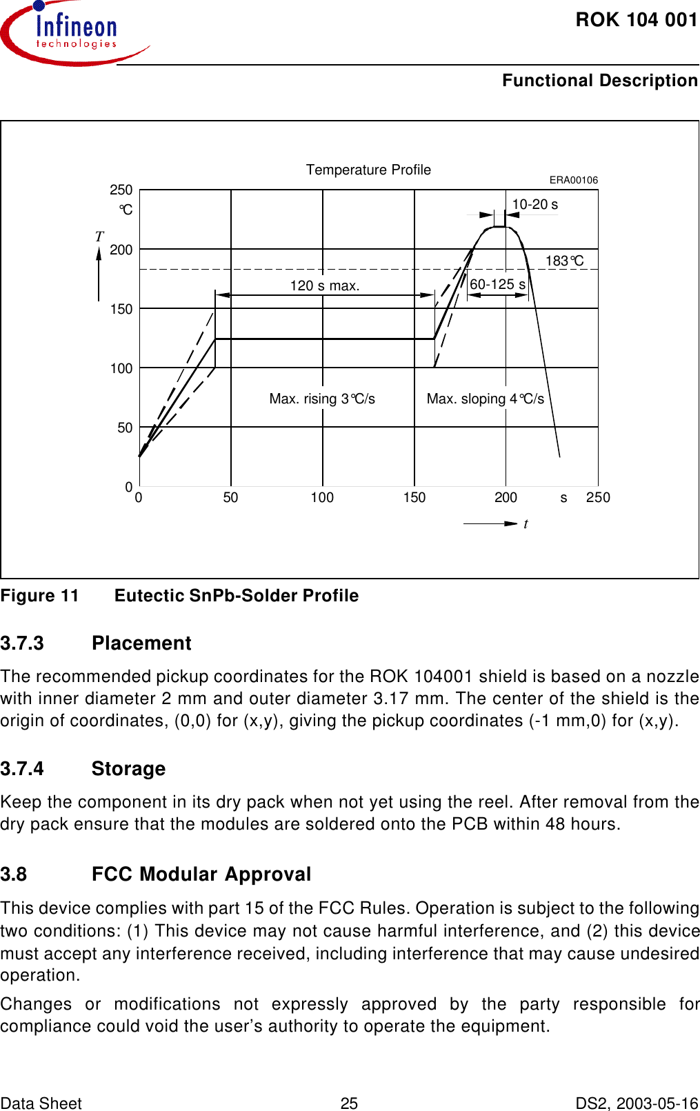 ROK104001Functional Description Data Sheet 25 DS2, 2003-05-16  Figure11 Eutectic SnPb-Solder Profile3.7.3 PlacementThe recommended pickup coordinates for the ROK104001 shield is based on a nozzlewith inner diameter 2 mm and outer diameter 3.17 mm. The center of the shield is theorigin of coordinates, (0,0) for (x,y), giving the pickup coordinates (-1 mm,0) for (x,y).3.7.4 StorageKeep the component in its dry pack when not yet using the reel. After removal from thedry pack ensure that the modules are soldered onto the PCB within 48 hours. 3.8 FCC Modular ApprovalThis device complies with part 15 of the FCC Rules. Operation is subject to the followingtwo conditions: (1) This device may not cause harmful interference, and (2) this devicemust accept any interference received, including interference that may cause undesiredoperation.Changes or modifications not expressly approved by the party responsible forcompliance could void the user’s authority to operate the equipment.ERA00106120 s max.0050 100 150 200 25050100150200250stT°C183°C60-125 s10-20 sMax. rising 3°C/s Max. sloping 4°C/sTemperature Profile