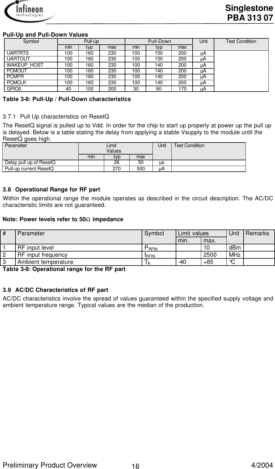  Singlestone PBA 313 07 Preliminary Product Overview   4/2004 16Pull-Up and Pull-Down ValuesSymbol Pull-Up Pull-Down Unit Test Conditionmin typ max min typ maxUARTRTS 100 160 230 100 150 200 µAUARTOUT 100 160 230 100 150 200 µAWAKEUP_HOST 100 160 230 100 140 200 µAPCMOUT 100 160 230 100 140 200 µAPCMFR 100 160 230 100 140 200 µAPCMCLK 100 160 230 100 140 200 µAGPIO0 40 100 200 30 90 170 µA Table 3-8: Pull-Up / Pull-Down characteristics3.7.1 Pull Up characteristics on ResetQThe ResetQ signal is pulled up to Vdd. In order for the chip to start up properly at power up the pull upis delayed. Below is a table stating the delay from applying a stable Vsupply to the module until theResetQ goes high.Parameter LimitValues Unit Test Conditionmin typ maxDelay pull up of ResetQ 26 50 µsPull-up current ResetQ 270 500 µA3.8 Operational Range for RF part Within the operational range the module operates as described in the circuit description. The AC/DCcharacteristic limits are not guaranteed.  Note: Power levels refer to 50Ω impedance  Limit values #Parameter  Symbol  min.  max.  Unit  Remarks 1 RF input level  PRFIN    10  dBm   2 RF input frequency  fRFIN    2500  MHz   3 Ambient temperature  TA -40  +85  °C   Table 3-9: Operational range for the RF part3.9 AC/DC Characteristics of RF part AC/DC characteristics involve the spread of values guaranteed within the specified supply voltage andambient temperature range. Typical values are the median of the production. 