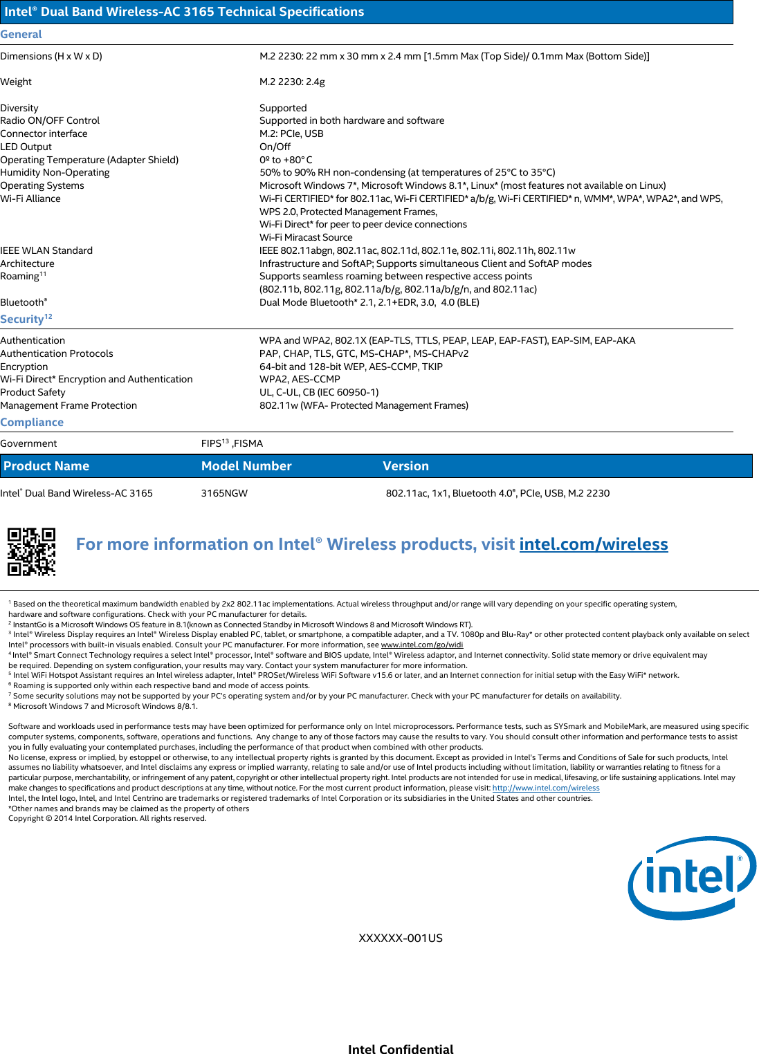Intel Confidential  Intel® Dual Band Wireless-AC 3165 Technical Specifications General Dimensions (H x W x D)  M.2 2230: 22 mm x 30 mm x 2.4 mm [1.5mm Max (Top Side)/ 0.1mm Max (Bottom Side)]  Weight  M.2 2230: 2.4g  Diversity Supported Radio ON/OFF Control  Supported in both hardware and software Connector interface  M.2: PCIe, USB LED Output  On/Off Operating Temperature (Adapter Shield)  0º to +80° C  Humidity Non-Operating  50% to 90% RH non-condensing (at temperatures of 25°C to 35°C) Operating Systems  Microsoft Windows 7*, Microsoft Windows 8.1*, Linux* (most features not available on Linux) Wi-Fi Alliance  Wi-Fi CERTIFIED* for 802.11ac, Wi-Fi CERTIFIED* a/b/g, Wi-Fi CERTIFIED* n, WMM*, WPA*, WPA2*, and WPS, WPS 2.0, Protected Management Frames, Wi-Fi Direct* for peer to peer device connections Wi-Fi Miracast Source  IEEE WLAN Standard  IEEE 802.11abgn, 802.11ac, 802.11d, 802.11e, 802.11i, 802.11h, 802.11w Architecture  Infrastructure and SoftAP; Supports simultaneous Client and SoftAP modes Roaming11  Supports seamless roaming between respective access points (802.11b, 802.11g, 802.11a/b/g, 802.11a/b/g/n, and 802.11ac) Bluetooth®  Dual Mode Bluetooth* 2.1, 2.1+EDR, 3.0,  4.0 (BLE) Security12 Authentication  WPA and WPA2, 802.1X (EAP-TLS, TTLS, PEAP, LEAP, EAP-FAST), EAP-SIM, EAP-AKA Authentication Protocols  PAP, CHAP, TLS, GTC, MS-CHAP*, MS-CHAPv2 Encryption  64-bit and 128-bit WEP, AES-CCMP, TKIP Wi-Fi Direct* Encryption and Authentication WPA2, AES-CCMP Product Safety Management Frame Protection UL, C-UL, CB (IEC 60950-1) 802.11w (WFA- Protected Management Frames) Compliance Government FIPS13 ,FISMA  Product Name  Model Number  Version Intel® Dual Band Wireless-AC 3165  3165NGW  802.11ac, 1x1, Bluetooth 4.0®, PCIe, USB, M.2 2230 For more information on Intel® Wireless products, visit intel.com/wireless 1 Based on the theoretical maximum bandwidth enabled by 2x2 802.11ac implementations. Actual wireless throughput and/or range will vary depending on your specific operating system, hardware and software configurations. Check with your PC manufacturer for details. 2 InstantGo is a Microsoft Windows OS feature in 8.1(known as Connected Standby in Microsoft Windows 8 and Microsoft Windows RT). 3 Intel® Wireless Display requires an Intel® Wireless Display enabled PC, tablet, or smartphone, a compatible adapter, and a TV. 1080p and Blu-Ray* or other protected content playback only available on select Intel® processors with built-in visuals enabled. Consult your PC manufacturer. For more information, see www.intel.com/go/widi 4 Intel® Smart Connect Technology requires a select Intel® processor, Intel® software and BIOS update, Intel® Wireless adaptor, and Internet connectivity. Solid state memory or drive equivalent may be required. Depending on system configuration, your results may vary. Contact your system manufacturer for more information. 5 Intel WiFi Hotspot Assistant requires an Intel wireless adapter, Intel® PROSet/Wireless WiFi Software v15.6 or later, and an Internet connection for initial setup with the Easy WiFi* network. 6 Roaming is supported only within each respective band and mode of access points. 7 Some security solutions may not be supported by your PC’s operating system and/or by your PC manufacturer. Check with your PC manufacturer for details on availability. 8 Microsoft Windows 7 and Microsoft Windows 8/8.1.  Software and workloads used in performance tests may have been optimized for performance only on Intel microprocessors. Performance tests, such as SYSmark and MobileMark, are measured using specific computer systems, components, software, operations and functions.  Any change to any of those factors may cause the results to vary. You should consult other information and performance tests to assist you in fully evaluating your contemplated purchases, including the performance of that product when combined with other products. No license, express or implied, by estoppel or otherwise, to any intellectual property rights is granted by this document. Except as provided in Intel’s Terms and Conditions of Sale for such products, Intel assumes no liability whatsoever, and Intel disclaims any express or implied warranty, relating to sale and/or use of Intel products including without limitation, liability or warranties relating to fitness for a particular purpose, merchantability, or infringement of any patent, copyright or other intellectual property right. Intel products are not intended for use in medical, lifesaving, or life sustaining applications. Intel may make changes to specifications and product descriptions at any time, without notice. For the most current product information, please visit: http://www.intel.com/wireless Intel, the Intel logo, Intel, and Intel Centrino are trademarks or registered trademarks of Intel Corporation or its subsidiaries in the United States and other countries. *Other names and brands may be claimed as the property of others Copyright © 2014 Intel Corporation. All rights reserved.    XXXXXX-001US 