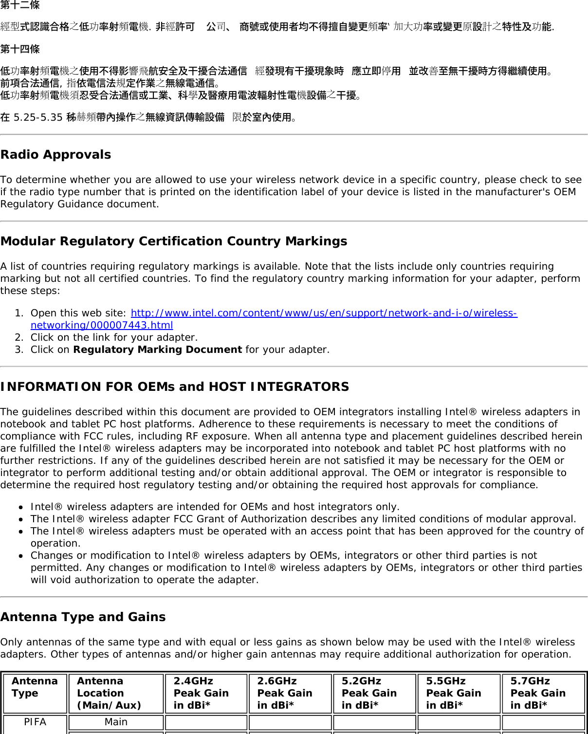 第十二條經型式認識合格之低功率射頻電機. 非經許可  公司、 商號或使用者均不得擅自變更頻率‵ 加大功率或變更原設計之特性及功能.第十四條低功率射頻電機之使用不得影響飛航安全及干擾合法通信 經發現有干擾現象時 應立即停用 並改善至無干擾時方得繼續使用。前項合法通信, 指依電信法規定作業之無線電通信。低功率射頻電機須忍受合法通信或工業、科學及醫療用電波輻射性電機設備之干擾。在 5.25-5.35 秭赫頻帶內操作之無線資訊傳輸設備 限於室內使用。Radio ApprovalsTo determine whether you are allowed to use your wireless network device in a specific country, please check to seeif the radio type number that is printed on the identification label of your device is listed in the manufacturer's OEMRegulatory Guidance document.Modular Regulatory Certification Country MarkingsA list of countries requiring regulatory markings is available. Note that the lists include only countries requiringmarking but not all certified countries. To find the regulatory country marking information for your adapter, performthese steps:1.  Open this web site: http://www.intel.com/content/www/us/en/support/network-and-i-o/wireless-networking/000007443.html2.  Click on the link for your adapter.3.  Click on Regulatory Marking Document for your adapter.INFORMATION FOR OEMs and HOST INTEGRATORSThe guidelines described within this document are provided to OEM integrators installing Intel&reg; wireless adapters innotebook and tablet PC host platforms. Adherence to these requirements is necessary to meet the conditions ofcompliance with FCC rules, including RF exposure. When all antenna type and placement guidelines described hereinare fulfilled the Intel&reg; wireless adapters may be incorporated into notebook and tablet PC host platforms with nofurther restrictions. If any of the guidelines described herein are not satisfied it may be necessary for the OEM orintegrator to perform additional testing and/or obtain additional approval. The OEM or integrator is responsible todetermine the required host regulatory testing and/or obtaining the required host approvals for compliance.Intel&reg; wireless adapters are intended for OEMs and host integrators only.The Intel&reg; wireless adapter FCC Grant of Authorization describes any limited conditions of modular approval.The Intel&reg; wireless adapters must be operated with an access point that has been approved for the country ofoperation.Changes or modification to Intel&reg; wireless adapters by OEMs, integrators or other third parties is notpermitted. Any changes or modification to Intel&reg; wireless adapters by OEMs, integrators or other third partieswill void authorization to operate the adapter.Antenna Type and GainsOnly antennas of the same type and with equal or less gains as shown below may be used with the Intel&reg; wirelessadapters. Other types of antennas and/or higher gain antennas may require additional authorization for operation.AntennaType AntennaLocation(Main/Aux)2.4GHzPeak Gainin dBi*2.6GHzPeak Gainin dBi*5.2GHzPeak Gainin dBi*5.5GHzPeak Gainin dBi*5.7GHzPeak Gainin dBi*PIFA Main