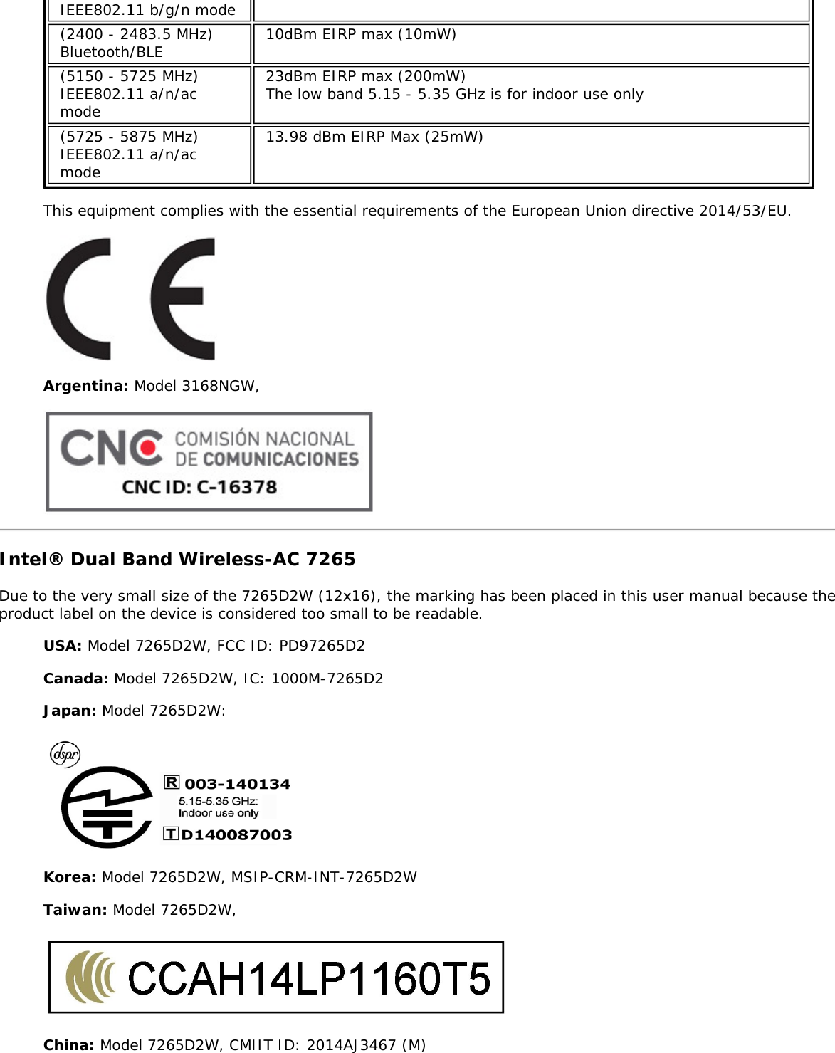 IEEE802.11 b/g/n mode(2400 - 2483.5 MHz)Bluetooth/BLE 10dBm EIRP max (10mW)(5150 - 5725 MHz)IEEE802.11 a/n/acmode23dBm EIRP max (200mW)The low band 5.15 - 5.35 GHz is for indoor use only(5725 - 5875 MHz)IEEE802.11 a/n/acmode13.98 dBm EIRP Max (25mW)This equipment complies with the essential requirements of the European Union directive 2014/53/EU.Argentina: Model 3168NGW,Intel® Dual Band Wireless-AC 7265Due to the very small size of the 7265D2W (12x16), the marking has been placed in this user manual because theproduct label on the device is considered too small to be readable.USA: Model 7265D2W, FCC ID: PD97265D2Canada: Model 7265D2W, IC: 1000M-7265D2Japan: Model 7265D2W:Korea: Model 7265D2W, MSIP-CRM-INT-7265D2WTaiwan: Model 7265D2W,China: Model 7265D2W, CMIIT ID: 2014AJ3467 (M)