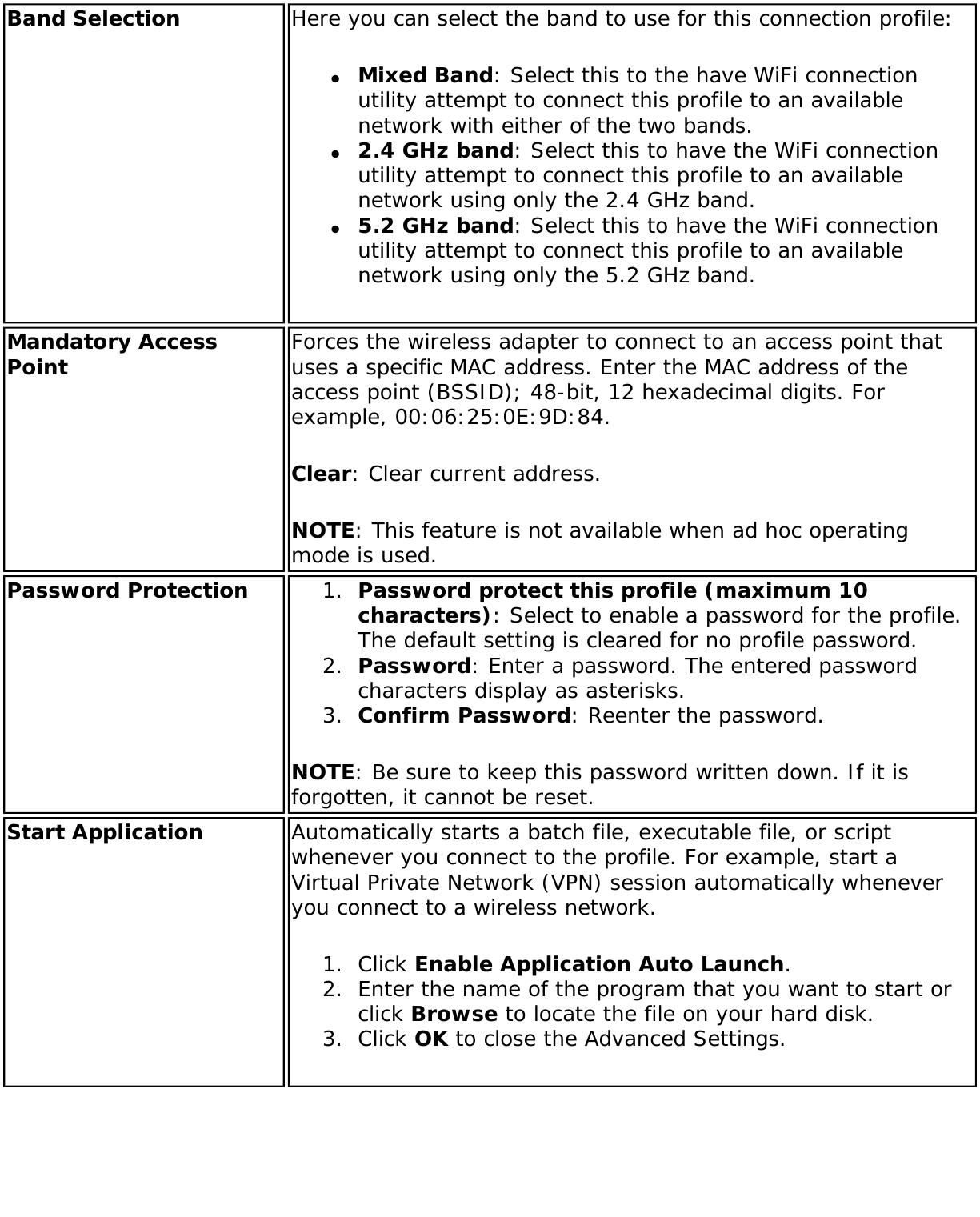 Band Selection  Here you can select the band to use for this connection profile: ●     Mixed Band: Select this to the have WiFi connection utility attempt to connect this profile to an available network with either of the two bands. ●     2.4 GHz band: Select this to have the WiFi connection utility attempt to connect this profile to an available network using only the 2.4 GHz band. ●     5.2 GHz band: Select this to have the WiFi connection utility attempt to connect this profile to an available network using only the 5.2 GHz band.Mandatory Access Point Forces the wireless adapter to connect to an access point that uses a specific MAC address. Enter the MAC address of the access point (BSSID); 48-bit, 12 hexadecimal digits. For example, 00:06:25:0E:9D:84.Clear: Clear current address.NOTE: This feature is not available when ad hoc operating mode is used.Password Protection 1.  Password protect this profile (maximum 10 characters): Select to enable a password for the profile. The default setting is cleared for no profile password.2.  Password: Enter a password. The entered password characters display as asterisks.3.  Confirm Password: Reenter the password.NOTE: Be sure to keep this password written down. If it is forgotten, it cannot be reset. Start Application Automatically starts a batch file, executable file, or script whenever you connect to the profile. For example, start a Virtual Private Network (VPN) session automatically whenever you connect to a wireless network.1.  Click Enable Application Auto Launch.2.  Enter the name of the program that you want to start or click Browse to locate the file on your hard disk. 3.  Click OK to close the Advanced Settings.