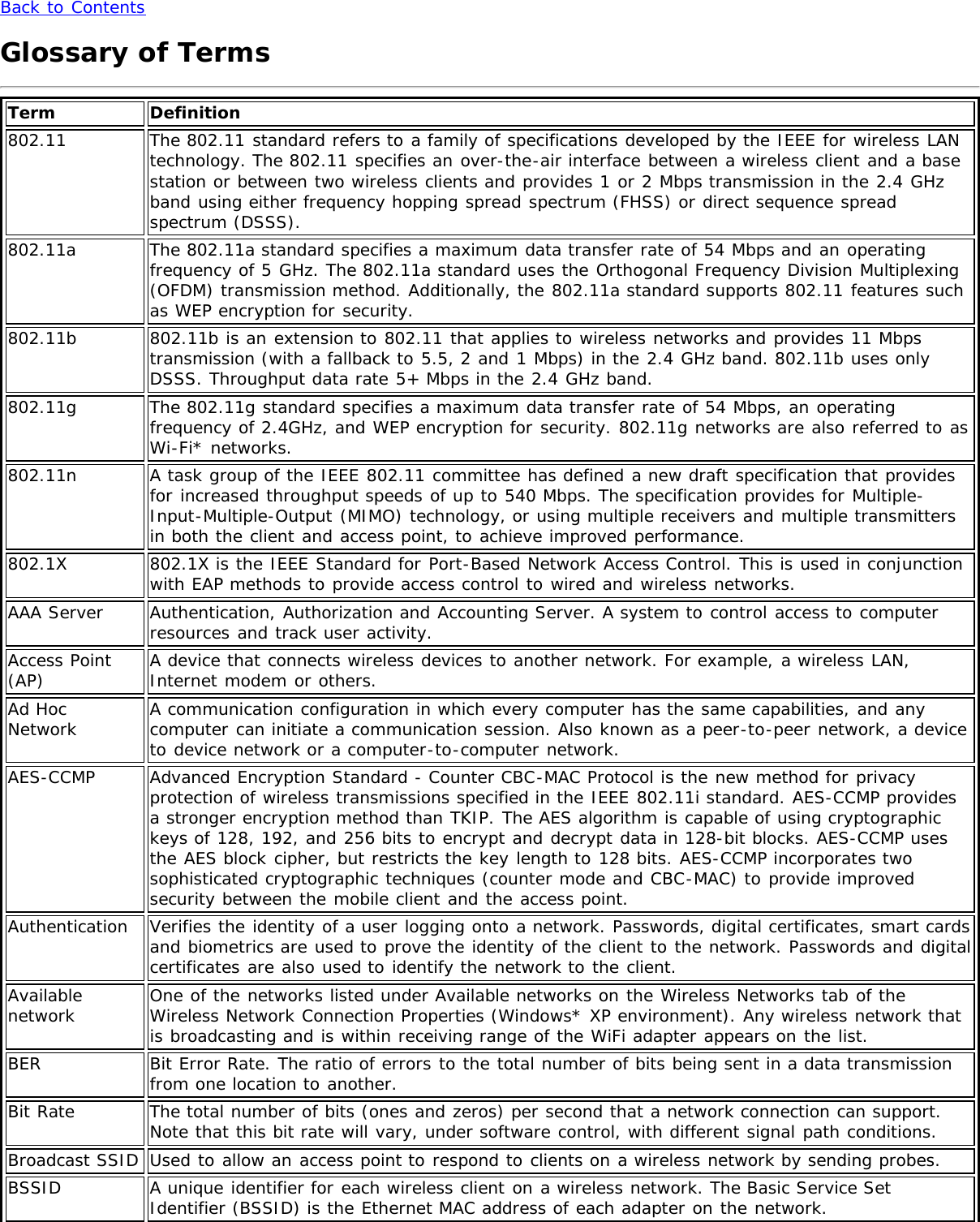 Back to ContentsGlossary of TermsTerm Definition802.11 The 802.11 standard refers to a family of specifications developed by the IEEE for wireless LANtechnology. The 802.11 specifies an over-the-air interface between a wireless client and a basestation or between two wireless clients and provides 1 or 2 Mbps transmission in the 2.4 GHzband using either frequency hopping spread spectrum (FHSS) or direct sequence spreadspectrum (DSSS).802.11a The 802.11a standard specifies a maximum data transfer rate of 54 Mbps and an operatingfrequency of 5 GHz. The 802.11a standard uses the Orthogonal Frequency Division Multiplexing(OFDM) transmission method. Additionally, the 802.11a standard supports 802.11 features suchas WEP encryption for security.802.11b 802.11b is an extension to 802.11 that applies to wireless networks and provides 11 Mbpstransmission (with a fallback to 5.5, 2 and 1 Mbps) in the 2.4 GHz band. 802.11b uses onlyDSSS. Throughput data rate 5+ Mbps in the 2.4 GHz band.802.11g The 802.11g standard specifies a maximum data transfer rate of 54 Mbps, an operatingfrequency of 2.4GHz, and WEP encryption for security. 802.11g networks are also referred to asWi-Fi* networks.802.11n A task group of the IEEE 802.11 committee has defined a new draft specification that providesfor increased throughput speeds of up to 540 Mbps. The specification provides for Multiple-Input-Multiple-Output (MIMO) technology, or using multiple receivers and multiple transmittersin both the client and access point, to achieve improved performance.802.1X 802.1X is the IEEE Standard for Port-Based Network Access Control. This is used in conjunctionwith EAP methods to provide access control to wired and wireless networks.AAA Server Authentication, Authorization and Accounting Server. A system to control access to computerresources and track user activity.Access Point(AP) A device that connects wireless devices to another network. For example, a wireless LAN,Internet modem or others.Ad HocNetwork A communication configuration in which every computer has the same capabilities, and anycomputer can initiate a communication session. Also known as a peer-to-peer network, a deviceto device network or a computer-to-computer network.AES-CCMP Advanced Encryption Standard - Counter CBC-MAC Protocol is the new method for privacyprotection of wireless transmissions specified in the IEEE 802.11i standard. AES-CCMP providesa stronger encryption method than TKIP. The AES algorithm is capable of using cryptographickeys of 128, 192, and 256 bits to encrypt and decrypt data in 128-bit blocks. AES-CCMP usesthe AES block cipher, but restricts the key length to 128 bits. AES-CCMP incorporates twosophisticated cryptographic techniques (counter mode and CBC-MAC) to provide improvedsecurity between the mobile client and the access point.Authentication Verifies the identity of a user logging onto a network. Passwords, digital certificates, smart cardsand biometrics are used to prove the identity of the client to the network. Passwords and digitalcertificates are also used to identify the network to the client.Availablenetwork One of the networks listed under Available networks on the Wireless Networks tab of theWireless Network Connection Properties (Windows* XP environment). Any wireless network thatis broadcasting and is within receiving range of the WiFi adapter appears on the list.BER Bit Error Rate. The ratio of errors to the total number of bits being sent in a data transmissionfrom one location to another.Bit Rate The total number of bits (ones and zeros) per second that a network connection can support.Note that this bit rate will vary, under software control, with different signal path conditions.Broadcast SSID Used to allow an access point to respond to clients on a wireless network by sending probes.BSSID A unique identifier for each wireless client on a wireless network. The Basic Service SetIdentifier (BSSID) is the Ethernet MAC address of each adapter on the network.