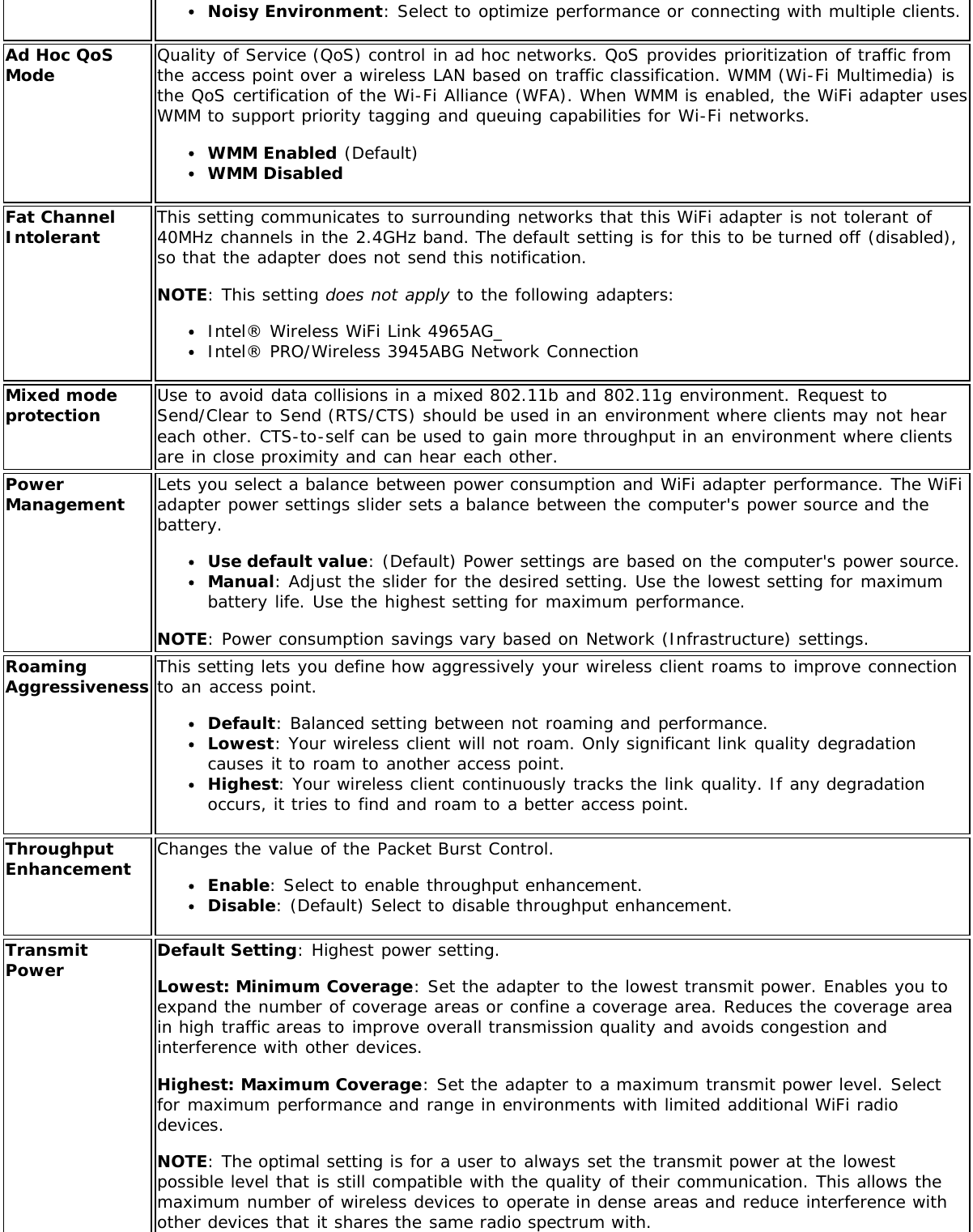 Noisy Environment: Select to optimize performance or connecting with multiple clients.Ad Hoc QoSMode Quality of Service (QoS) control in ad hoc networks. QoS provides prioritization of traffic fromthe access point over a wireless LAN based on traffic classification. WMM (Wi-Fi Multimedia) isthe QoS certification of the Wi-Fi Alliance (WFA). When WMM is enabled, the WiFi adapter usesWMM to support priority tagging and queuing capabilities for Wi-Fi networks.WMM Enabled (Default)WMM DisabledFat ChannelIntolerant This setting communicates to surrounding networks that this WiFi adapter is not tolerant of40MHz channels in the 2.4GHz band. The default setting is for this to be turned off (disabled),so that the adapter does not send this notification.NOTE: This setting does not apply to the following adapters:Intel® Wireless WiFi Link 4965AG_Intel® PRO/Wireless 3945ABG Network ConnectionMixed modeprotection Use to avoid data collisions in a mixed 802.11b and 802.11g environment. Request toSend/Clear to Send (RTS/CTS) should be used in an environment where clients may not heareach other. CTS-to-self can be used to gain more throughput in an environment where clientsare in close proximity and can hear each other.PowerManagement Lets you select a balance between power consumption and WiFi adapter performance. The WiFiadapter power settings slider sets a balance between the computer&apos;s power source and thebattery.Use default value: (Default) Power settings are based on the computer&apos;s power source.Manual: Adjust the slider for the desired setting. Use the lowest setting for maximumbattery life. Use the highest setting for maximum performance.NOTE: Power consumption savings vary based on Network (Infrastructure) settings.RoamingAggressiveness This setting lets you define how aggressively your wireless client roams to improve connectionto an access point.Default: Balanced setting between not roaming and performance.Lowest: Your wireless client will not roam. Only significant link quality degradationcauses it to roam to another access point.Highest: Your wireless client continuously tracks the link quality. If any degradationoccurs, it tries to find and roam to a better access point.ThroughputEnhancement Changes the value of the Packet Burst Control.Enable: Select to enable throughput enhancement.Disable: (Default) Select to disable throughput enhancement.TransmitPower Default Setting: Highest power setting.Lowest: Minimum Coverage: Set the adapter to the lowest transmit power. Enables you toexpand the number of coverage areas or confine a coverage area. Reduces the coverage areain high traffic areas to improve overall transmission quality and avoids congestion andinterference with other devices.Highest: Maximum Coverage: Set the adapter to a maximum transmit power level. Selectfor maximum performance and range in environments with limited additional WiFi radiodevices.NOTE: The optimal setting is for a user to always set the transmit power at the lowestpossible level that is still compatible with the quality of their communication. This allows themaximum number of wireless devices to operate in dense areas and reduce interference withother devices that it shares the same radio spectrum with.