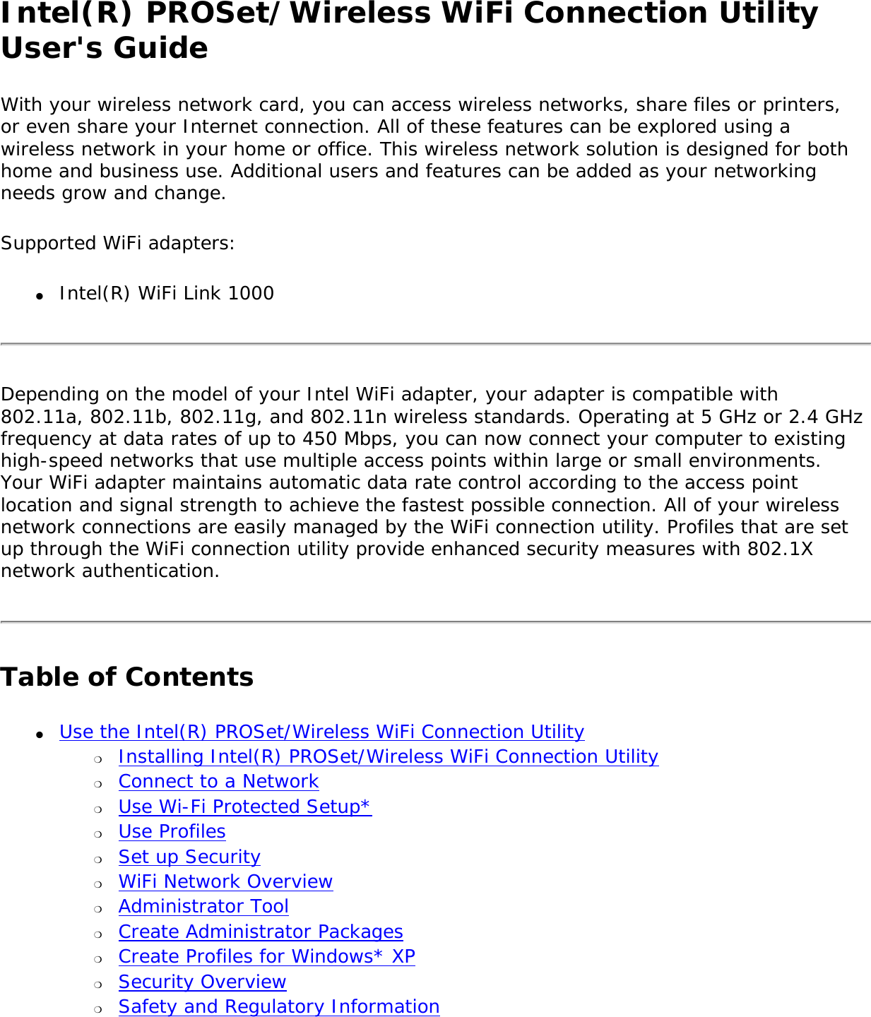 Page 1 of Intel 112BNHU Intel Centrino Wireless-N 1000 User Manual Contents
