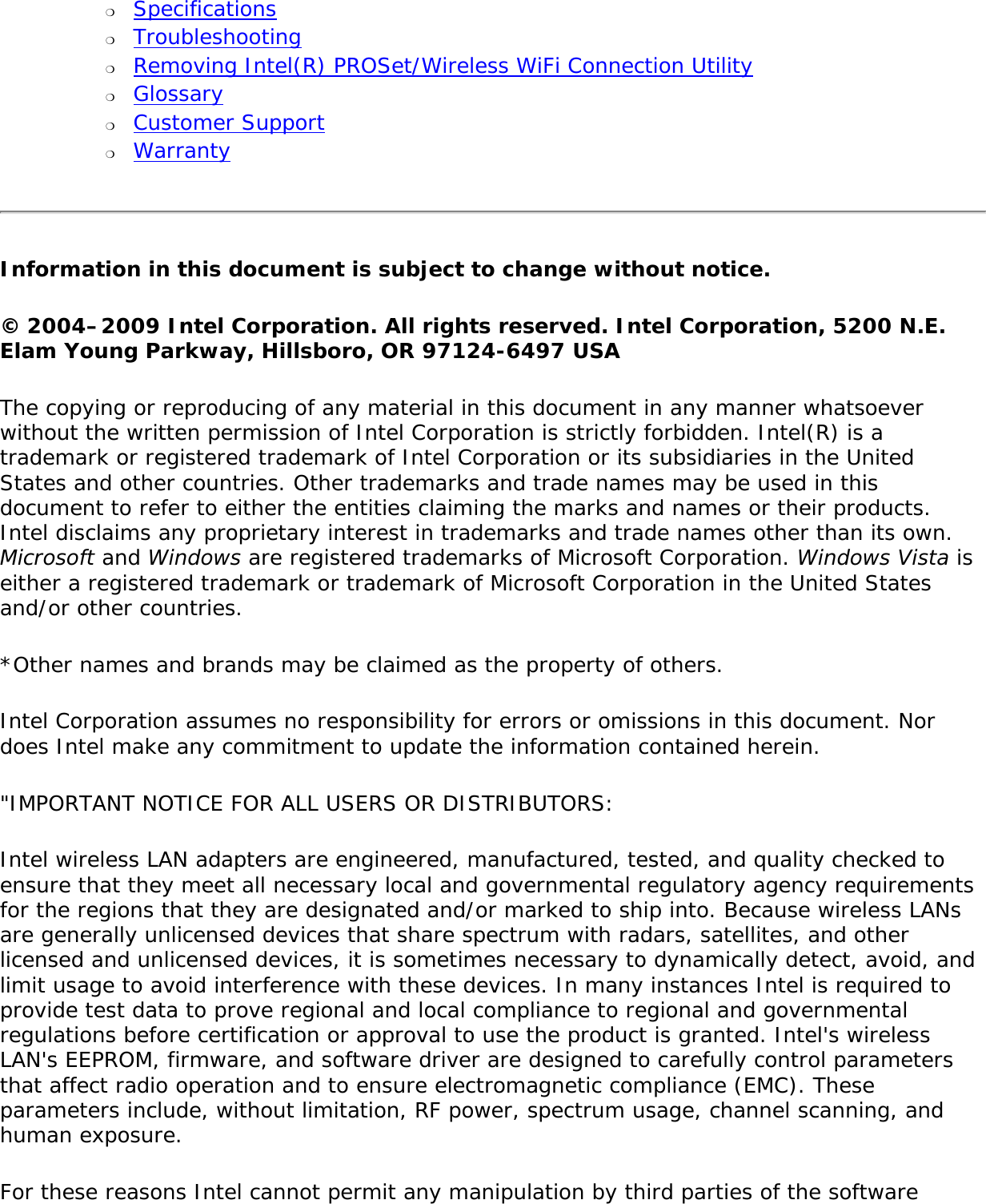 Page 2 of Intel 112BNHU Intel Centrino Wireless-N 1000 User Manual Contents