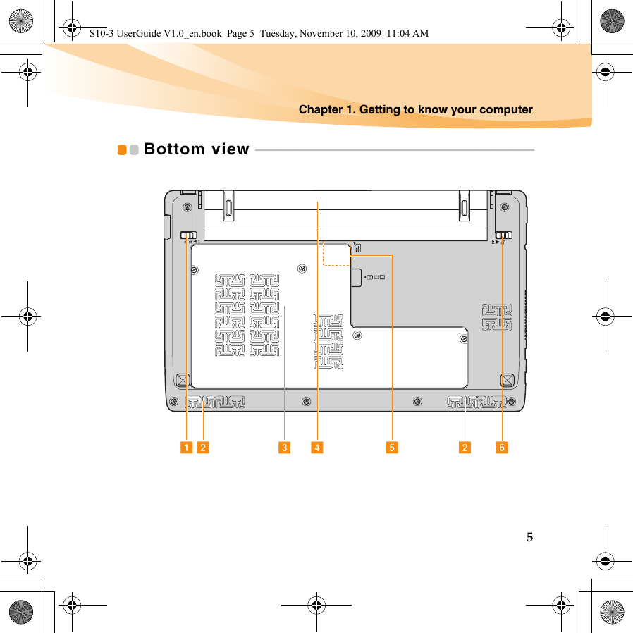 Chapter 1. Getting to know your computer5Bottom view  - - - - - - - - - - - - - - - - - - - - - - - - - - - - - - - - - - - - - - - - - - - - - - - - - - - - - - - - - - - - - - - - - - - - - - - - - - - - - - - - - -dab cbefS10-3 UserGuide V1.0_en.book  Page 5  Tuesday, November 10, 2009  11:04 AM