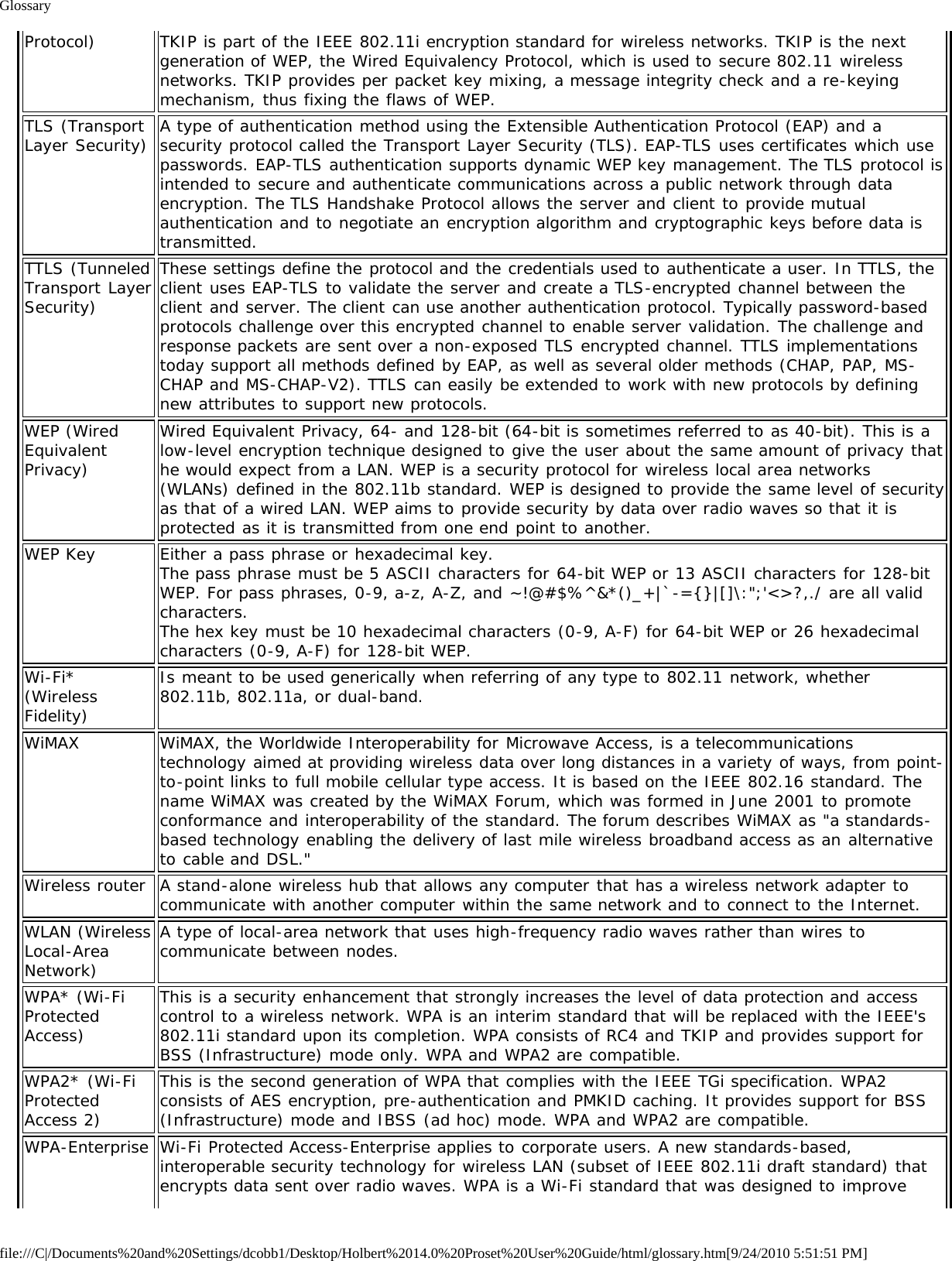 Glossaryfile:///C|/Documents%20and%20Settings/dcobb1/Desktop/Holbert%2014.0%20Proset%20User%20Guide/html/glossary.htm[9/24/2010 5:51:51 PM]Protocol) TKIP is part of the IEEE 802.11i encryption standard for wireless networks. TKIP is the nextgeneration of WEP, the Wired Equivalency Protocol, which is used to secure 802.11 wirelessnetworks. TKIP provides per packet key mixing, a message integrity check and a re-keyingmechanism, thus fixing the flaws of WEP.TLS (TransportLayer Security) A type of authentication method using the Extensible Authentication Protocol (EAP) and asecurity protocol called the Transport Layer Security (TLS). EAP-TLS uses certificates which usepasswords. EAP-TLS authentication supports dynamic WEP key management. The TLS protocol isintended to secure and authenticate communications across a public network through dataencryption. The TLS Handshake Protocol allows the server and client to provide mutualauthentication and to negotiate an encryption algorithm and cryptographic keys before data istransmitted.TTLS (TunneledTransport LayerSecurity)These settings define the protocol and the credentials used to authenticate a user. In TTLS, theclient uses EAP-TLS to validate the server and create a TLS-encrypted channel between theclient and server. The client can use another authentication protocol. Typically password-basedprotocols challenge over this encrypted channel to enable server validation. The challenge andresponse packets are sent over a non-exposed TLS encrypted channel. TTLS implementationstoday support all methods defined by EAP, as well as several older methods (CHAP, PAP, MS-CHAP and MS-CHAP-V2). TTLS can easily be extended to work with new protocols by definingnew attributes to support new protocols.WEP (WiredEquivalentPrivacy)Wired Equivalent Privacy, 64- and 128-bit (64-bit is sometimes referred to as 40-bit). This is alow-level encryption technique designed to give the user about the same amount of privacy thathe would expect from a LAN. WEP is a security protocol for wireless local area networks(WLANs) defined in the 802.11b standard. WEP is designed to provide the same level of securityas that of a wired LAN. WEP aims to provide security by data over radio waves so that it isprotected as it is transmitted from one end point to another.WEP Key Either a pass phrase or hexadecimal key.The pass phrase must be 5 ASCII characters for 64-bit WEP or 13 ASCII characters for 128-bitWEP. For pass phrases, 0-9, a-z, A-Z, and ~!@#$%^&amp;*()_+|`-={}|[]\:&quot;;&apos;&lt;&gt;?,./ are all validcharacters.The hex key must be 10 hexadecimal characters (0-9, A-F) for 64-bit WEP or 26 hexadecimalcharacters (0-9, A-F) for 128-bit WEP.Wi-Fi*(WirelessFidelity)Is meant to be used generically when referring of any type to 802.11 network, whether802.11b, 802.11a, or dual-band.WiMAX WiMAX, the Worldwide Interoperability for Microwave Access, is a telecommunicationstechnology aimed at providing wireless data over long distances in a variety of ways, from point-to-point links to full mobile cellular type access. It is based on the IEEE 802.16 standard. Thename WiMAX was created by the WiMAX Forum, which was formed in June 2001 to promoteconformance and interoperability of the standard. The forum describes WiMAX as &quot;a standards-based technology enabling the delivery of last mile wireless broadband access as an alternativeto cable and DSL.&quot;Wireless router A stand-alone wireless hub that allows any computer that has a wireless network adapter tocommunicate with another computer within the same network and to connect to the Internet.WLAN (WirelessLocal-AreaNetwork)A type of local-area network that uses high-frequency radio waves rather than wires tocommunicate between nodes.WPA* (Wi-FiProtectedAccess)This is a security enhancement that strongly increases the level of data protection and accesscontrol to a wireless network. WPA is an interim standard that will be replaced with the IEEE&apos;s802.11i standard upon its completion. WPA consists of RC4 and TKIP and provides support forBSS (Infrastructure) mode only. WPA and WPA2 are compatible.WPA2* (Wi-FiProtectedAccess 2)This is the second generation of WPA that complies with the IEEE TGi specification. WPA2consists of AES encryption, pre-authentication and PMKID caching. It provides support for BSS(Infrastructure) mode and IBSS (ad hoc) mode. WPA and WPA2 are compatible.WPA-Enterprise Wi-Fi Protected Access-Enterprise applies to corporate users. A new standards-based,interoperable security technology for wireless LAN (subset of IEEE 802.11i draft standard) thatencrypts data sent over radio waves. WPA is a Wi-Fi standard that was designed to improve