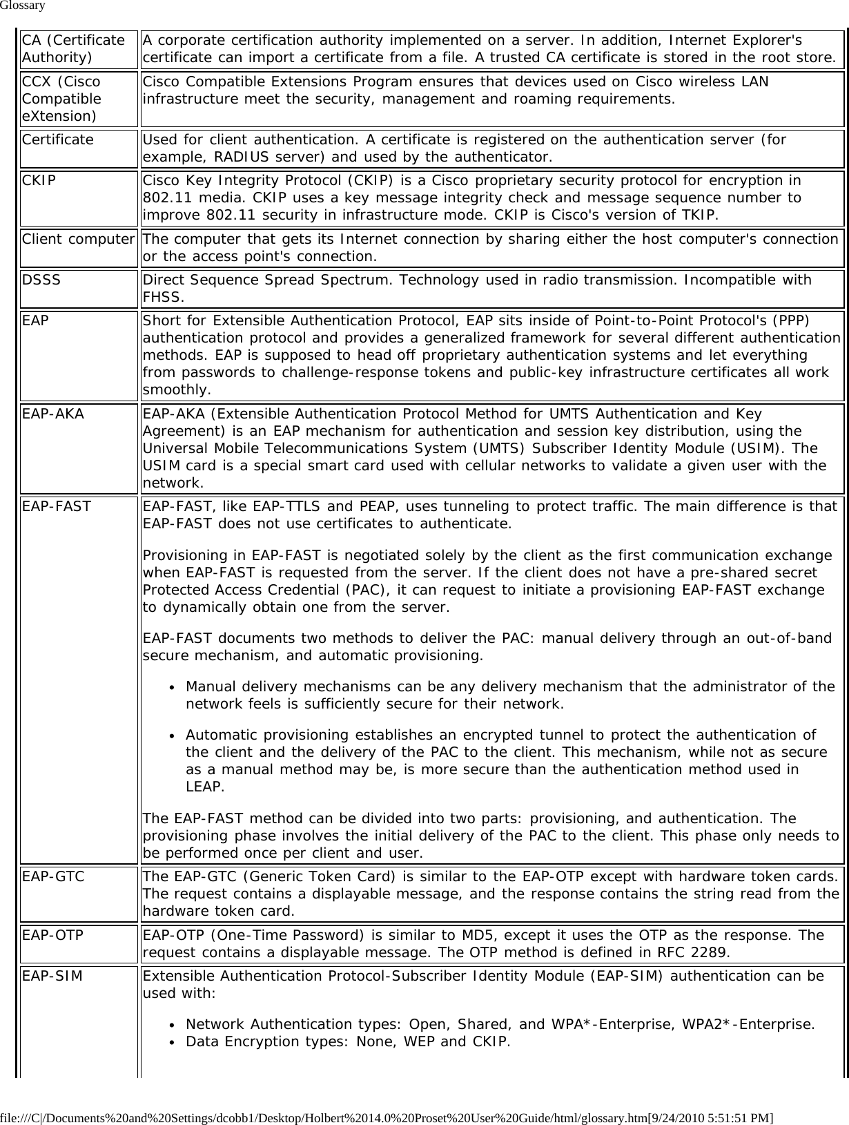 Glossaryfile:///C|/Documents%20and%20Settings/dcobb1/Desktop/Holbert%2014.0%20Proset%20User%20Guide/html/glossary.htm[9/24/2010 5:51:51 PM]CA (CertificateAuthority) A corporate certification authority implemented on a server. In addition, Internet Explorer&apos;scertificate can import a certificate from a file. A trusted CA certificate is stored in the root store.CCX (CiscoCompatibleeXtension)Cisco Compatible Extensions Program ensures that devices used on Cisco wireless LANinfrastructure meet the security, management and roaming requirements.Certificate Used for client authentication. A certificate is registered on the authentication server (forexample, RADIUS server) and used by the authenticator.CKIP Cisco Key Integrity Protocol (CKIP) is a Cisco proprietary security protocol for encryption in802.11 media. CKIP uses a key message integrity check and message sequence number toimprove 802.11 security in infrastructure mode. CKIP is Cisco&apos;s version of TKIP.Client computer The computer that gets its Internet connection by sharing either the host computer&apos;s connectionor the access point&apos;s connection.DSSS Direct Sequence Spread Spectrum. Technology used in radio transmission. Incompatible withFHSS.EAP Short for Extensible Authentication Protocol, EAP sits inside of Point-to-Point Protocol&apos;s (PPP)authentication protocol and provides a generalized framework for several different authenticationmethods. EAP is supposed to head off proprietary authentication systems and let everythingfrom passwords to challenge-response tokens and public-key infrastructure certificates all worksmoothly.EAP-AKA EAP-AKA (Extensible Authentication Protocol Method for UMTS Authentication and KeyAgreement) is an EAP mechanism for authentication and session key distribution, using theUniversal Mobile Telecommunications System (UMTS) Subscriber Identity Module (USIM). TheUSIM card is a special smart card used with cellular networks to validate a given user with thenetwork.EAP-FAST EAP-FAST, like EAP-TTLS and PEAP, uses tunneling to protect traffic. The main difference is thatEAP-FAST does not use certificates to authenticate.Provisioning in EAP-FAST is negotiated solely by the client as the first communication exchangewhen EAP-FAST is requested from the server. If the client does not have a pre-shared secretProtected Access Credential (PAC), it can request to initiate a provisioning EAP-FAST exchangeto dynamically obtain one from the server.EAP-FAST documents two methods to deliver the PAC: manual delivery through an out-of-bandsecure mechanism, and automatic provisioning.Manual delivery mechanisms can be any delivery mechanism that the administrator of thenetwork feels is sufficiently secure for their network.Automatic provisioning establishes an encrypted tunnel to protect the authentication ofthe client and the delivery of the PAC to the client. This mechanism, while not as secureas a manual method may be, is more secure than the authentication method used inLEAP.The EAP-FAST method can be divided into two parts: provisioning, and authentication. Theprovisioning phase involves the initial delivery of the PAC to the client. This phase only needs tobe performed once per client and user.EAP-GTC The EAP-GTC (Generic Token Card) is similar to the EAP-OTP except with hardware token cards.The request contains a displayable message, and the response contains the string read from thehardware token card.EAP-OTP EAP-OTP (One-Time Password) is similar to MD5, except it uses the OTP as the response. Therequest contains a displayable message. The OTP method is defined in RFC 2289.EAP-SIM Extensible Authentication Protocol-Subscriber Identity Module (EAP-SIM) authentication can beused with:Network Authentication types: Open, Shared, and WPA*-Enterprise, WPA2*-Enterprise.Data Encryption types: None, WEP and CKIP.