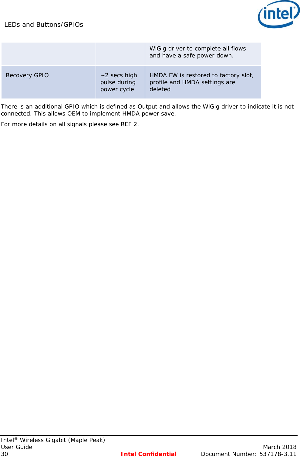 LEDs and Buttons/GPIOs     Intel® Wireless Gigabit (Maple Peak) User Guide    March 2018 30 Intel Confidential  Document Number: 537178-3.11 WiGig driver to complete all flows and have a safe power down. Recovery GPIO  ~2 secs high pulse during power cycle HMDA FW is restored to factory slot, profile and HMDA settings are deleted There is an additional GPIO which is defined as Output and allows the WiGig driver to indicate it is not connected. This allows OEM to implement HMDA power save. For more details on all signals please see REF 2. 