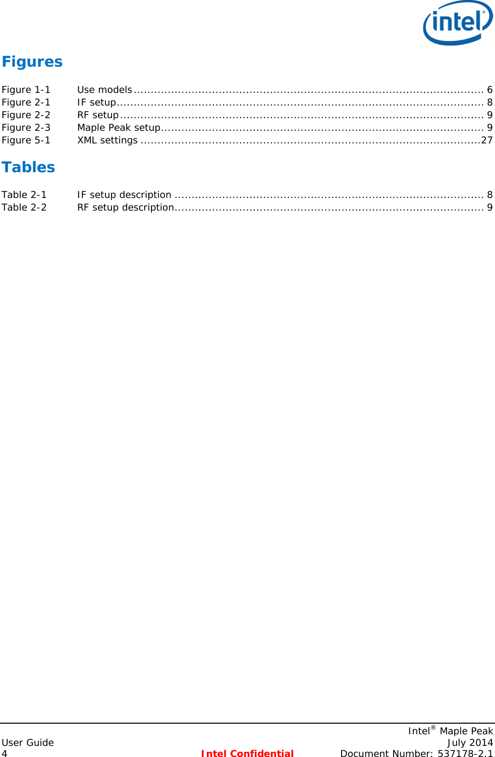   Figures Figure 1-1 Use models ....................................................................................................... 6 Figure 2-1 IF setup ............................................................................................................ 8 Figure 2-2 RF setup ........................................................................................................... 9 Figure 2-3 Maple Peak setup ............................................................................................... 9 Figure 5-1 XML settings ....................................................................................................27 Tables Table 2-1 IF setup description ........................................................................................... 8 Table 2-2 RF setup description ........................................................................................... 9      Intel® Maple Peak User Guide    July 2014 4 Intel Confidential Document Number: 537178-2.1 