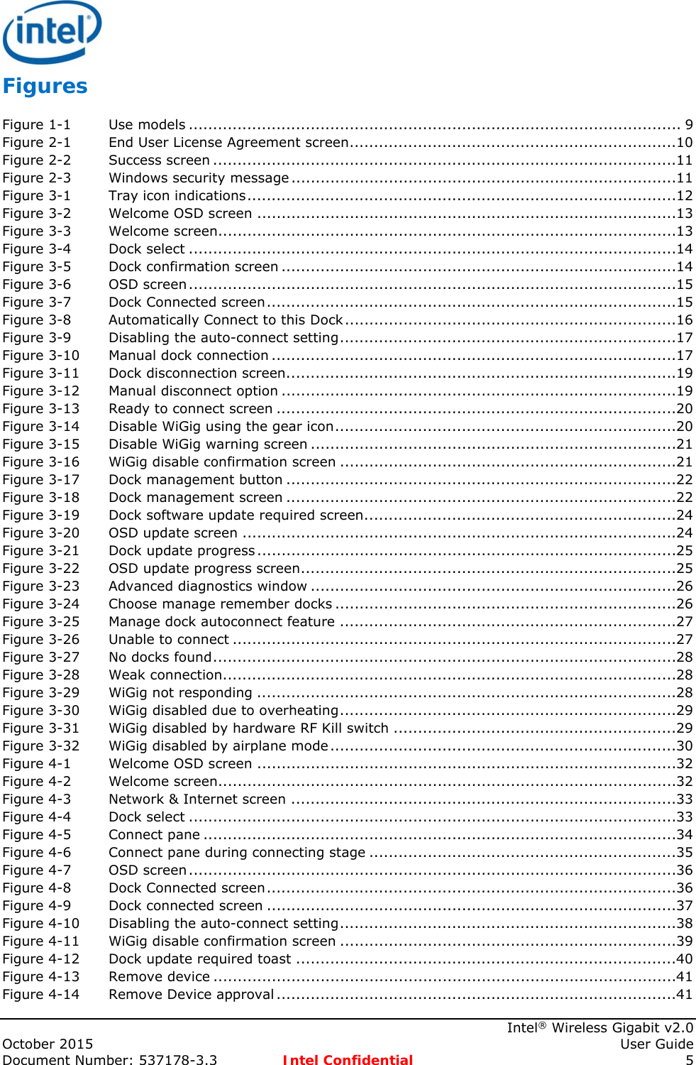     Intel® Wireless Gigabit v2.0 October 2015    User Guide Document Number: 537178-3.3  Intel Confidential 5 Figures Figure 1-1Use models ..................................................................................................... 9Figure 2-1End User License Agreement screen ................................................................... 10Figure 2-2Success screen ............................................................................................... 11Figure 2-3Windows security message ............................................................................... 11Figure 3-1Tray icon indications ........................................................................................ 12Figure 3-2Welcome OSD screen ...................................................................................... 13Figure 3-3Welcome screen.............................................................................................. 13Figure 3-4Dock select .................................................................................................... 14Figure 3-5Dock confirmation screen ................................................................................. 14Figure 3-6OSD screen .................................................................................................... 15Figure 3-7Dock Connected screen .................................................................................... 15Figure 3-8Automatically Connect to this Dock .................................................................... 16Figure 3-9Disabling the auto-connect setting ..................................................................... 17Figure 3-10Manual dock connection ................................................................................... 17Figure 3-11Dock disconnection screen ................................................................................ 19Figure 3-12Manual disconnect option ................................................................................. 19Figure 3-13Ready to connect screen .................................................................................. 20Figure 3-14Disable WiGig using the gear icon ...................................................................... 20Figure 3-15Disable WiGig warning screen ........................................................................... 21Figure 3-16WiGig disable confirmation screen ..................................................................... 21Figure 3-17Dock management button ................................................................................ 22Figure 3-18Dock management screen ................................................................................ 22Figure 3-19Dock software update required screen ................................................................ 24Figure 3-20OSD update screen ......................................................................................... 24Figure 3-21Dock update progress ...................................................................................... 25Figure 3-22OSD update progress screen ............................................................................. 25Figure 3-23Advanced diagnostics window ........................................................................... 26Figure 3-24Choose manage remember docks ...................................................................... 26Figure 3-25Manage dock autoconnect feature ..................................................................... 27Figure 3-26Unable to connect ........................................................................................... 27Figure 3-27No docks found ............................................................................................... 28Figure 3-28Weak connection ............................................................................................. 28Figure 3-29WiGig not responding ...................................................................................... 28Figure 3-30WiGig disabled due to overheating ..................................................................... 29Figure 3-31WiGig disabled by hardware RF Kill switch .......................................................... 29Figure 3-32WiGig disabled by airplane mode ....................................................................... 30Figure 4-1Welcome OSD screen ...................................................................................... 32Figure 4-2Welcome screen.............................................................................................. 32Figure 4-3Network &amp; Internet screen ............................................................................... 33Figure 4-4Dock select .................................................................................................... 33Figure 4-5Connect pane ................................................................................................. 34Figure 4-6Connect pane during connecting stage ............................................................... 35Figure 4-7OSD screen .................................................................................................... 36Figure 4-8Dock Connected screen .................................................................................... 36Figure 4-9Dock connected screen .................................................................................... 37Figure 4-10Disabling the auto-connect setting ..................................................................... 38Figure 4-11WiGig disable confirmation screen ..................................................................... 39Figure 4-12Dock update required toast .............................................................................. 40Figure 4-13Remove device ............................................................................................... 41Figure 4-14Remove Device approval .................................................................................. 41