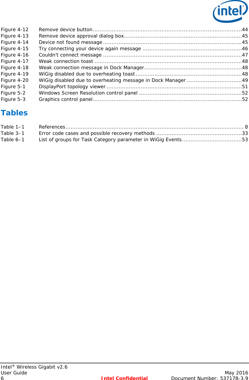   Intel® Wireless Gigabit v2.6 User Guide    May 2016 6 Intel Confidential Document Number: 537178-3.9 Figure 4-12 Remove device button .......................................................................................44 Figure 4-13 Remove device approval dialog box.....................................................................45 Figure 4-14 Device not found message .................................................................................45 Figure 4-15 Try connecting your device again message ..........................................................46 Figure 4-16 Couldn’t connect message .................................................................................47 Figure 4-17 Weak connection toast ......................................................................................48 Figure 4-18 Weak connection message in Dock Manager .........................................................48 Figure 4-19 WiGig disabled due to overheating toast ..............................................................48 Figure 4-20 WiGig disabled due to overheating message in Dock Manager ................................49 Figure 5-1 DisplayPort topology viewer ...............................................................................51 Figure 5-2 Windows Screen Resolution control panel ............................................................52 Figure 5-3 Graphics control panel .......................................................................................52 Tables Table 1–1 References ........................................................................................................ 8 Table 3–1 Error code cases and possible recovery methods ..................................................33 Table 6–1 List of groups for Task Category parameter in WiGig Events ...................................53 