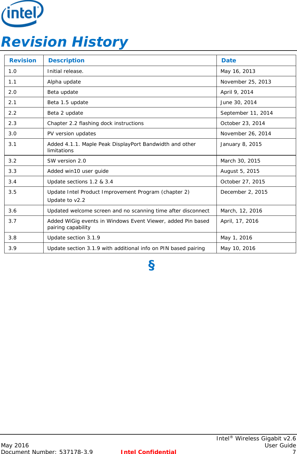     Intel® Wireless Gigabit v2.6 May 2016    User Guide Document Number: 537178-3.9 Intel Confidential  7 Revision History Revision  Description Date 1.0 Initial release.  May 16, 2013 1.1 Alpha update November 25, 2013 2.0 Beta update April 9, 2014 2.1 Beta 1.5 update June 30, 2014 2.2 Beta 2 update September 11, 2014 2.3 Chapter 2.2 flashing dock instructions October 23, 2014 3.0 PV version updates November 26, 2014 3.1 Added 4.1.1. Maple Peak DisplayPort Bandwidth and other limitations January 8, 2015 3.2 SW version 2.0 March 30, 2015 3.3 Added win10 user guide August 5, 2015 3.4 Update sections 1.2 &amp; 3.4 October 27, 2015 3.5 Update Intel Product Improvement Program (chapter 2) Update to v2.2 December 2, 2015 3.6 Updated welcome screen and no scanning time after disconnect  March, 12, 2016 3.7 Added WiGig events in Windows Event Viewer, added Pin based pairing capability April, 17, 2016 3.8 Update section 3.1.9 May 1, 2016 3.9 Update section 3.1.9 with additional info on PIN based pairing May 10, 2016 §  