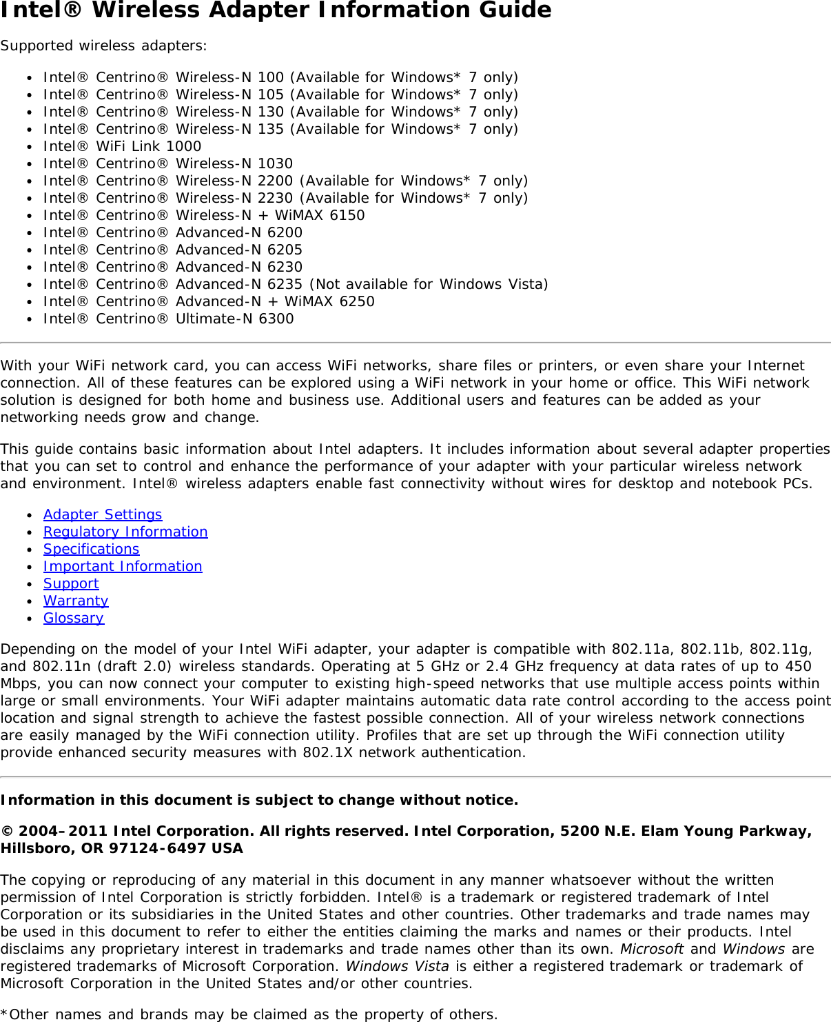 Intel 2230bnh Intel Centrino Wireless N 2230 User Manual