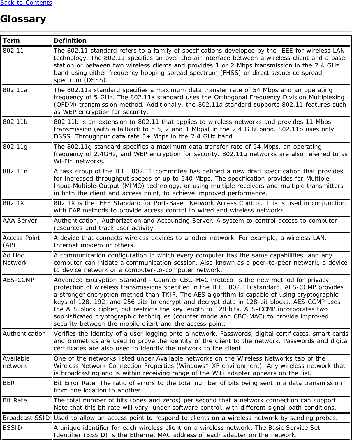 Back to ContentsGlossaryTerm Definition802.11 The 802.11 standard refers to a family of specifications developed by the IEEE for wireless LANtechnology. The 802.11 specifies an over-the-air interface between a wireless client and a basestation or between two wireless clients and provides 1 or 2 Mbps transmission in the 2.4 GHzband using either frequency hopping spread spectrum (FHSS) or direct sequence spreadspectrum (DSSS).802.11a The 802.11a standard specifies a maximum data transfer rate of 54 Mbps and an operatingfrequency of 5 GHz. The 802.11a standard uses the Orthogonal Frequency Division Multiplexing(OFDM) transmission method. Additionally, the 802.11a standard supports 802.11 features suchas WEP encryption for security.802.11b 802.11b is an extension to 802.11 that applies to wireless networks and provides 11 Mbpstransmission (with a fallback to 5.5, 2 and 1 Mbps) in the 2.4 GHz band. 802.11b uses onlyDSSS. Throughput data rate 5+ Mbps in the 2.4 GHz band.802.11g The 802.11g standard specifies a maximum data transfer rate of 54 Mbps, an operatingfrequency of 2.4GHz, and WEP encryption for security. 802.11g networks are also referred to asWi-Fi* networks.802.11n A task group of the IEEE 802.11 committee has defined a new draft specification that providesfor increased throughput speeds of up to 540 Mbps. The specification provides for Multiple-Input-Multiple-Output (MIMO) technology, or using multiple receivers and multiple transmittersin both the client and access point, to achieve improved performance.802.1X 802.1X is the IEEE Standard for Port-Based Network Access Control. This is used in conjunctionwith EAP methods to provide access control to wired and wireless networks.AAA Server Authentication, Authorization and Accounting Server. A system to control access to computerresources and track user activity.Access Point(AP) A device that connects wireless devices to another network. For example, a wireless LAN,Internet modem or others.Ad HocNetwork A communication configuration in which every computer has the same capabilities, and anycomputer can initiate a communication session. Also known as a peer-to-peer network, a deviceto device network or a computer-to-computer network.AES-CCMP Advanced Encryption Standard - Counter CBC-MAC Protocol is the new method for privacyprotection of wireless transmissions specified in the IEEE 802.11i standard. AES-CCMP providesa stronger encryption method than TKIP. The AES algorithm is capable of using cryptographickeys of 128, 192, and 256 bits to encrypt and decrypt data in 128-bit blocks. AES-CCMP usesthe AES block cipher, but restricts the key length to 128 bits. AES-CCMP incorporates twosophisticated cryptographic techniques (counter mode and CBC-MAC) to provide improvedsecurity between the mobile client and the access point.Authentication Verifies the identity of a user logging onto a network. Passwords, digital certificates, smart cardsand biometrics are used to prove the identity of the client to the network. Passwords and digitalcertificates are also used to identify the network to the client.Availablenetwork One of the networks listed under Available networks on the Wireless Networks tab of theWireless Network Connection Properties (Windows* XP environment). Any wireless network thatis broadcasting and is within receiving range of the WiFi adapter appears on the list.BER Bit Error Rate. The ratio of errors to the total number of bits being sent in a data transmissionfrom one location to another.Bit Rate The total number of bits (ones and zeros) per second that a network connection can support.Note that this bit rate will vary, under software control, with different signal path conditions.Broadcast SSID Used to allow an access point to respond to clients on a wireless network by sending probes.BSSID A unique identifier for each wireless client on a wireless network. The Basic Service SetIdentifier (BSSID) is the Ethernet MAC address of each adapter on the network.