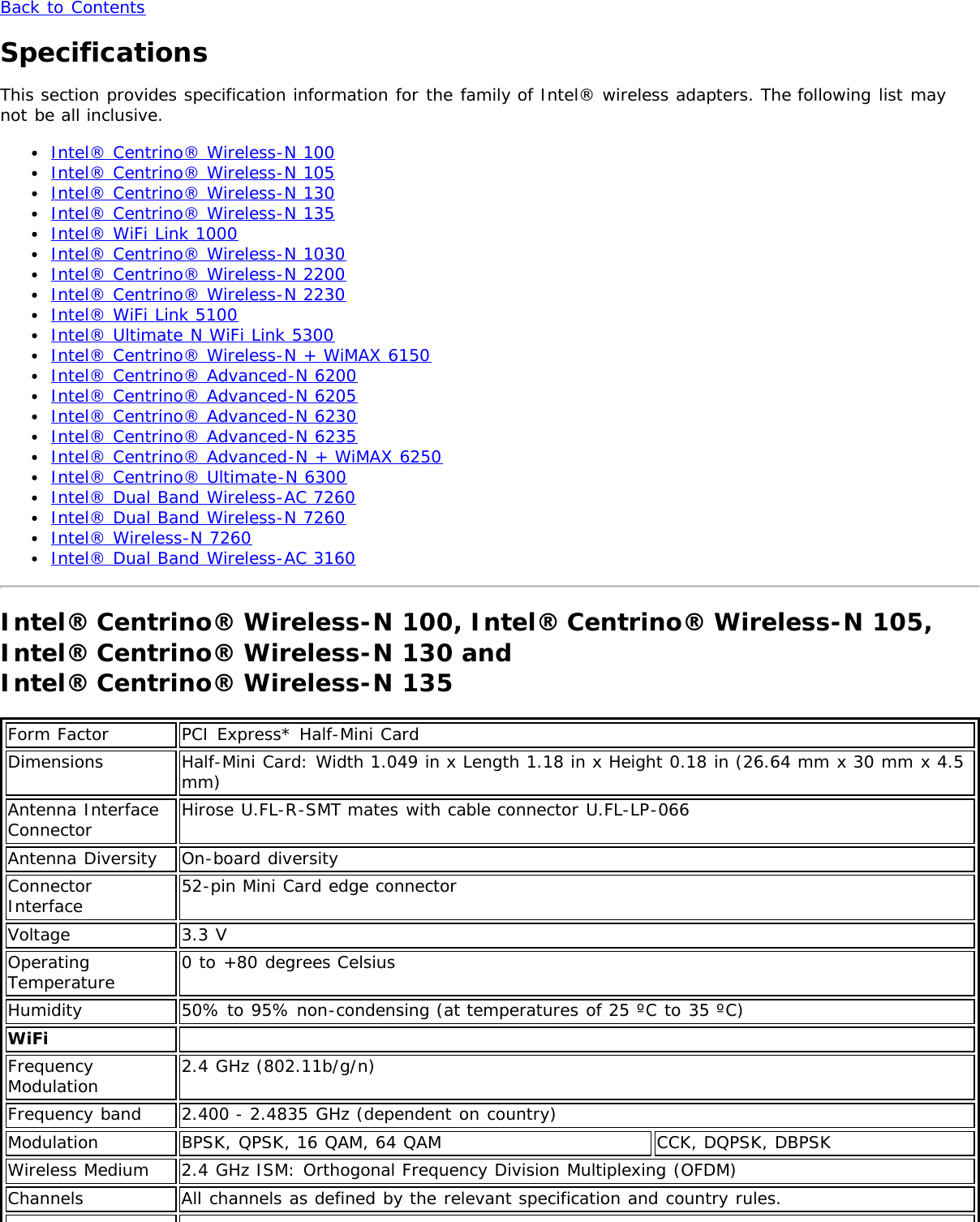 Back to ContentsSpecificationsThis section provides specification information for the family of Intel® wireless adapters. The following list maynot be all inclusive.Intel® Centrino® Wireless-N 100Intel® Centrino® Wireless-N 105Intel® Centrino® Wireless-N 130Intel® Centrino® Wireless-N 135Intel® WiFi Link 1000Intel® Centrino® Wireless-N 1030Intel® Centrino® Wireless-N 2200Intel® Centrino® Wireless-N 2230Intel® WiFi Link 5100Intel® Ultimate N WiFi Link 5300Intel® Centrino® Wireless-N + WiMAX 6150Intel® Centrino® Advanced-N 6200Intel® Centrino® Advanced-N 6205Intel® Centrino® Advanced-N 6230Intel® Centrino® Advanced-N 6235Intel® Centrino® Advanced-N + WiMAX 6250Intel® Centrino® Ultimate-N 6300Intel® Dual Band Wireless-AC 7260Intel® Dual Band Wireless-N 7260Intel® Wireless-N 7260Intel® Dual Band Wireless-AC 3160Intel® Centrino® Wireless-N 100, Intel® Centrino® Wireless-N 105,Intel® Centrino® Wireless-N 130 and Intel® Centrino® Wireless-N 135Form Factor PCI Express* Half-Mini CardDimensions Half-Mini Card: Width 1.049 in x Length 1.18 in x Height 0.18 in (26.64 mm x 30 mm x 4.5mm)Antenna InterfaceConnector Hirose U.FL-R-SMT mates with cable connector U.FL-LP-066Antenna Diversity On-board diversityConnectorInterface 52-pin Mini Card edge connectorVoltage 3.3 VOperatingTemperature 0 to +80 degrees CelsiusHumidity 50% to 95% non-condensing (at temperatures of 25 ºC to 35 ºC)WiFi  FrequencyModulation 2.4 GHz (802.11b/g/n)Frequency band 2.400 - 2.4835 GHz (dependent on country)Modulation BPSK, QPSK, 16 QAM, 64 QAM CCK, DQPSK, DBPSKWireless Medium 2.4 GHz ISM: Orthogonal Frequency Division Multiplexing (OFDM)Channels All channels as defined by the relevant specification and country rules.