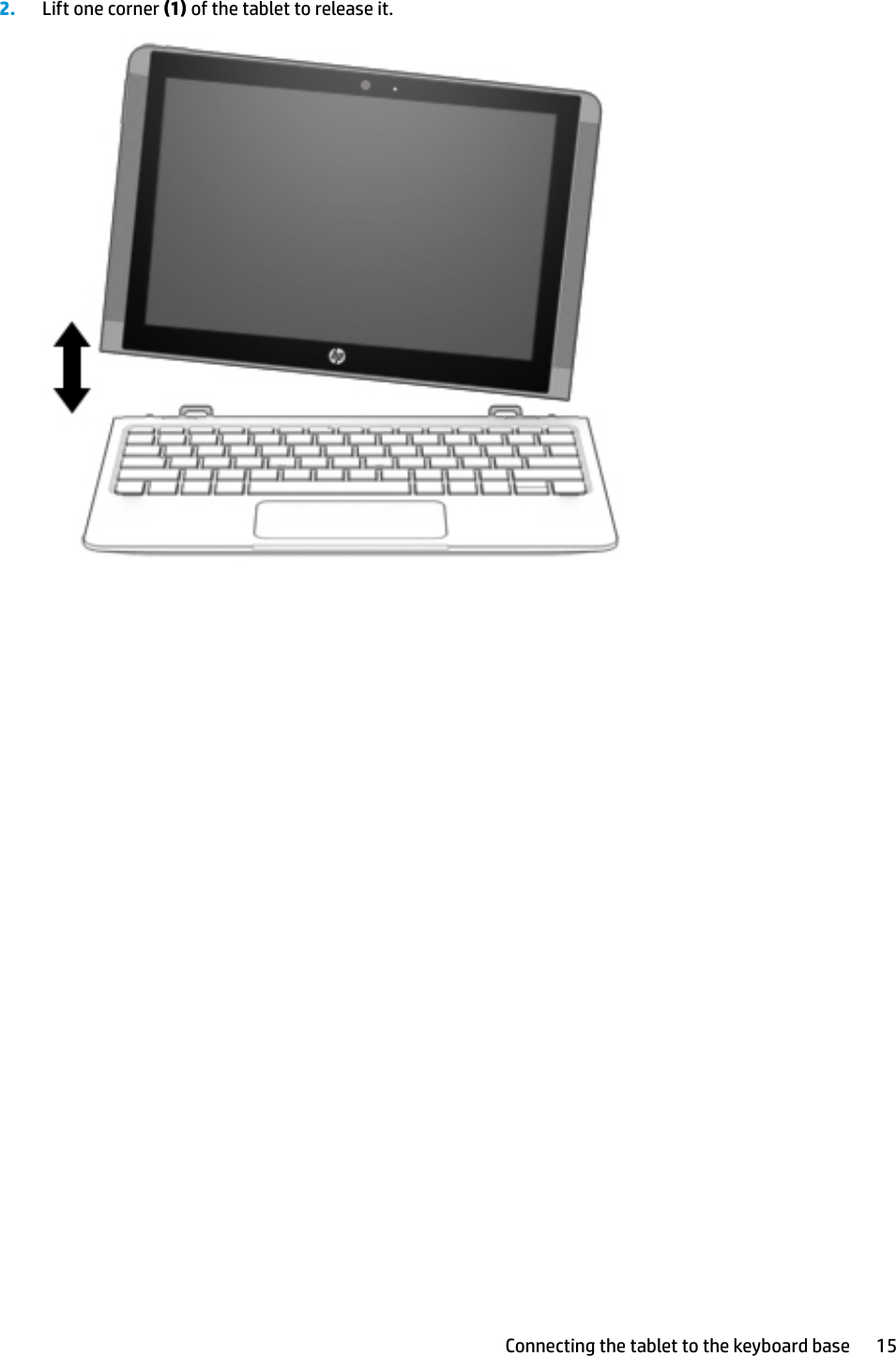 2. Lift one corner (1) of the tablet to release it.Connecting the tablet to the keyboard base 15