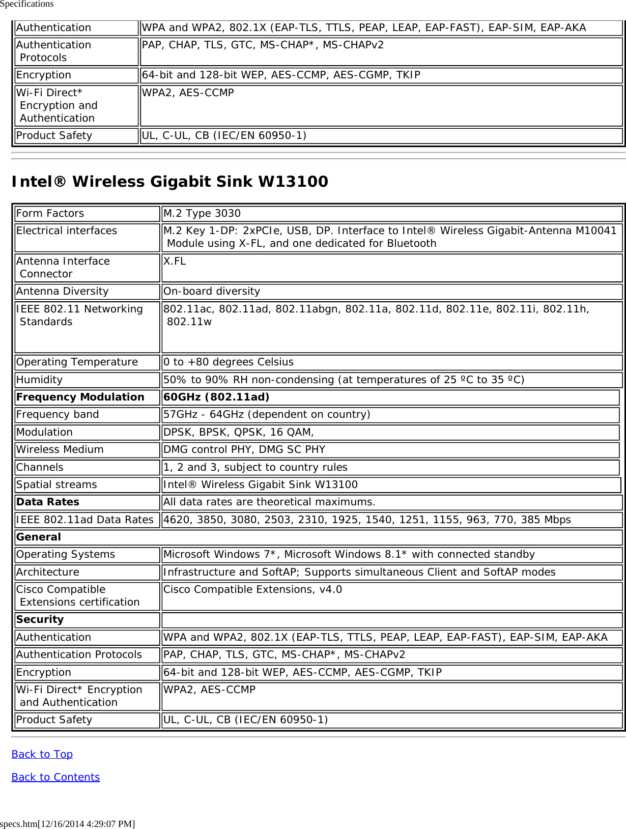 Specificationsspecs.htm[12/16/2014 4:29:07 PM]Authentication WPA and WPA2, 802.1X (EAP-TLS, TTLS, PEAP, LEAP, EAP-FAST), EAP-SIM, EAP-AKAAuthentication Protocols PAP, CHAP, TLS, GTC, MS-CHAP*, MS-CHAPv2Encryption 64-bit and 128-bit WEP, AES-CCMP, AES-CGMP, TKIPWi-Fi Direct* Encryption and AuthenticationWPA2, AES-CCMPProduct Safety UL, C-UL, CB (IEC/EN 60950-1)Intel® Wireless Gigabit Sink W13100Form Factors M.2 Type 3030Electrical interfaces M.2 Key 1-DP: 2xPCIe, USB, DP. Interface to Intel® Wireless Gigabit-Antenna M10041 Module using X-FL, and one dedicated for BluetoothAntenna Interface Connector X.FLAntenna Diversity On-board diversityIEEE 802.11 Networking Standards 802.11ac, 802.11ad, 802.11abgn, 802.11a, 802.11d, 802.11e, 802.11i, 802.11h, 802.11w Operating Temperature 0 to +80 degrees CelsiusHumidity 50% to 90% RH non-condensing (at temperatures of 25 ºC to 35 ºC)Frequency Modulation 60GHz (802.11ad)Frequency band 57GHz - 64GHz (dependent on country)Modulation DPSK, BPSK, QPSK, 16 QAM,Wireless Medium DMG control PHY, DMG SC PHYChannels 1, 2 and 3, subject to country rulesSpatial streams Intel® Wireless Gigabit Sink W13100Data Rates All data rates are theoretical maximums.IEEE 802.11ad Data Rates 4620, 3850, 3080, 2503, 2310, 1925, 1540, 1251, 1155, 963, 770, 385 MbpsGeneralOperating Systems Microsoft Windows 7*, Microsoft Windows 8.1* with connected standbyArchitecture Infrastructure and SoftAP; Supports simultaneous Client and SoftAP modesCisco Compatible Extensions certification Cisco Compatible Extensions, v4.0Security  Authentication WPA and WPA2, 802.1X (EAP-TLS, TTLS, PEAP, LEAP, EAP-FAST), EAP-SIM, EAP-AKAAuthentication Protocols PAP, CHAP, TLS, GTC, MS-CHAP*, MS-CHAPv2Encryption 64-bit and 128-bit WEP, AES-CCMP, AES-CGMP, TKIPWi-Fi Direct* Encryption and Authentication WPA2, AES-CCMPProduct Safety UL, C-UL, CB (IEC/EN 60950-1)Back to TopBack to Contents