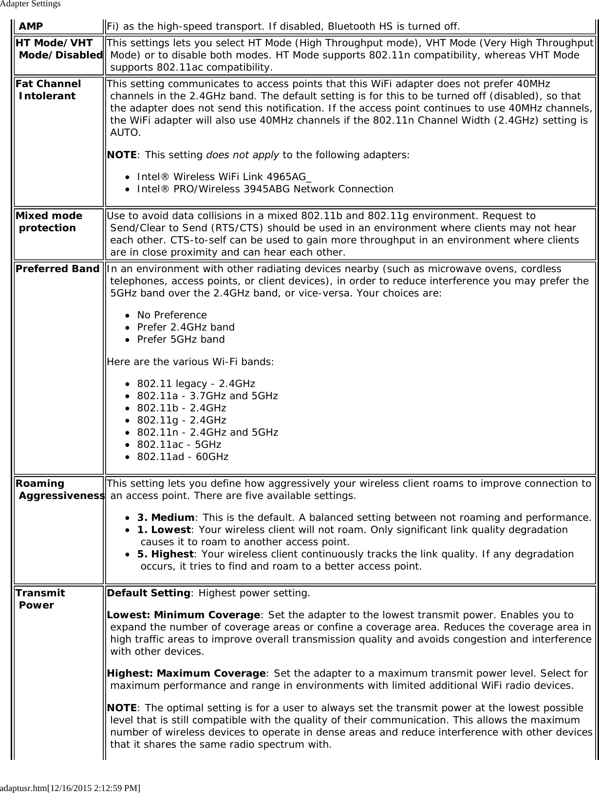 Adapter Settingsadaptusr.htm[12/16/2015 2:12:59 PM] AMP Fi) as the high-speed transport. If disabled, Bluetooth HS is turned off.HT Mode/VHT Mode/Disabled This settings lets you select HT Mode (High Throughput mode), VHT Mode (Very High Throughput Mode) or to disable both modes. HT Mode supports 802.11n compatibility, whereas VHT Mode supports 802.11ac compatibility.Fat Channel Intolerant This setting communicates to access points that this WiFi adapter does not prefer 40MHz channels in the 2.4GHz band. The default setting is for this to be turned off (disabled), so that the adapter does not send this notification. If the access point continues to use 40MHz channels, the WiFi adapter will also use 40MHz channels if the 802.11n Channel Width (2.4GHz) setting is AUTO.NOTE: This setting does not apply to the following adapters:Intel® Wireless WiFi Link 4965AG_Intel® PRO/Wireless 3945ABG Network ConnectionMixed mode protection Use to avoid data collisions in a mixed 802.11b and 802.11g environment. Request to Send/Clear to Send (RTS/CTS) should be used in an environment where clients may not hear each other. CTS-to-self can be used to gain more throughput in an environment where clients are in close proximity and can hear each other.Preferred Band In an environment with other radiating devices nearby (such as microwave ovens, cordless telephones, access points, or client devices), in order to reduce interference you may prefer the 5GHz band over the 2.4GHz band, or vice-versa. Your choices are:No PreferencePrefer 2.4GHz bandPrefer 5GHz bandHere are the various Wi-Fi bands:802.11 legacy - 2.4GHz802.11a - 3.7GHz and 5GHz802.11b - 2.4GHz802.11g - 2.4GHz802.11n - 2.4GHz and 5GHz802.11ac - 5GHz802.11ad - 60GHzRoaming AggressivenessThis setting lets you define how aggressively your wireless client roams to improve connection to an access point. There are five available settings.3. Medium: This is the default. A balanced setting between not roaming and performance.1. Lowest: Your wireless client will not roam. Only significant link quality degradation causes it to roam to another access point.5. Highest: Your wireless client continuously tracks the link quality. If any degradation occurs, it tries to find and roam to a better access point.Transmit Power Default Setting: Highest power setting.Lowest: Minimum Coverage: Set the adapter to the lowest transmit power. Enables you to expand the number of coverage areas or confine a coverage area. Reduces the coverage area in high traffic areas to improve overall transmission quality and avoids congestion and interference with other devices.Highest: Maximum Coverage: Set the adapter to a maximum transmit power level. Select for maximum performance and range in environments with limited additional WiFi radio devices.NOTE: The optimal setting is for a user to always set the transmit power at the lowest possible level that is still compatible with the quality of their communication. This allows the maximum number of wireless devices to operate in dense areas and reduce interference with other devices that it shares the same radio spectrum with.