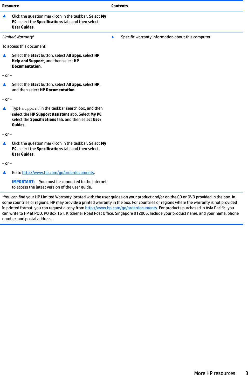 Resource Contents▲Click the question mark icon in the taskbar. Select My PC, select the Specications tab, and then select User Guides.Limited Warranty*To access this document:▲Select the Start button, select All apps, select HP Help and Support, and then select HP Documentation.‒ or –▲Select the Start button, select All apps, select HP, and then select HP Documentation.‒ or –▲Type support in the taskbar search box, and then select the HP Support Assistant app. Select My PC, select the Specications tab, and then select User Guides.‒ or –▲Click the question mark icon in the taskbar. Select My PC, select the Specications tab, and then select User Guides.‒ or –▲Go to http://www.hp.com/go/orderdocuments.IMPORTANT: You must be connected to the Internet to access the latest version of the user guide.●Specic warranty information about this computer*You can nd your HP Limited Warranty located with the user guides on your product and/or on the CD or DVD provided in the box. In some countries or regions, HP may provide a printed warranty in the box. For countries or regions where the warranty is not provided in printed format, you can request a copy from http://www.hp.com/go/orderdocuments. For products purchased in Asia Pacic, you can write to HP at POD, PO Box 161, Kitchener Road Post Oice, Singapore 912006. Include your product name, and your name, phone number, and postal address.More HP resources 3