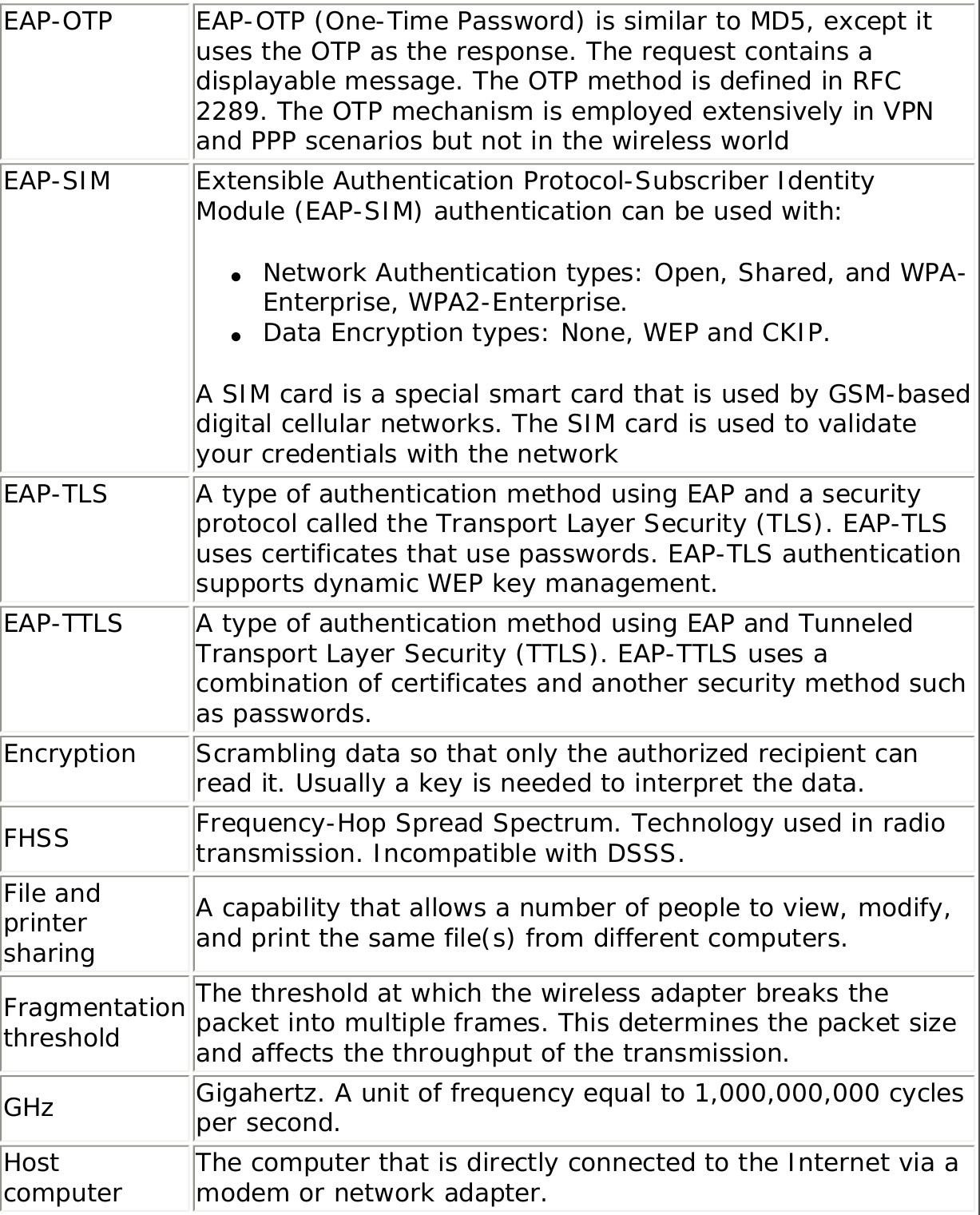 EAP-OTP EAP-OTP (One-Time Password) is similar to MD5, except it uses the OTP as the response. The request contains a displayable message. The OTP method is defined in RFC 2289. The OTP mechanism is employed extensively in VPN and PPP scenarios but not in the wireless worldEAP-SIM Extensible Authentication Protocol-Subscriber Identity Module (EAP-SIM) authentication can be used with: ●     Network Authentication types: Open, Shared, and WPA-Enterprise, WPA2-Enterprise. ●     Data Encryption types: None, WEP and CKIP. A SIM card is a special smart card that is used by GSM-based digital cellular networks. The SIM card is used to validate your credentials with the networkEAP-TLS A type of authentication method using EAP and a security protocol called the Transport Layer Security (TLS). EAP-TLS uses certificates that use passwords. EAP-TLS authentication supports dynamic WEP key management.EAP-TTLS A type of authentication method using EAP and Tunneled Transport Layer Security (TTLS). EAP-TTLS uses a combination of certificates and another security method such as passwords.Encryption Scrambling data so that only the authorized recipient can read it. Usually a key is needed to interpret the data.FHSS Frequency-Hop Spread Spectrum. Technology used in radio transmission. Incompatible with DSSS.File and printer sharingA capability that allows a number of people to view, modify, and print the same file(s) from different computers.Fragmentation thresholdThe threshold at which the wireless adapter breaks the packet into multiple frames. This determines the packet size and affects the throughput of the transmission.GHz Gigahertz. A unit of frequency equal to 1,000,000,000 cycles per second.Host computer The computer that is directly connected to the Internet via a modem or network adapter.