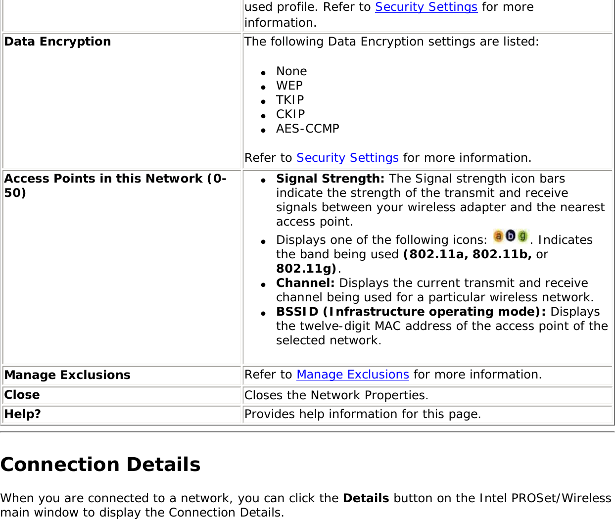 used profile. Refer to Security Settings for more information.Data Encryption The following Data Encryption settings are listed: ●     None●     WEP●     TKIP●     CKIP●     AES-CCMPRefer to Security Settings for more information.Access Points in this Network (0-50) ●     Signal Strength: The Signal strength icon bars indicate the strength of the transmit and receive signals between your wireless adapter and the nearest access point.●     Displays one of the following icons:  . Indicates the band being used (802.11a, 802.11b, or 802.11g). ●     Channel: Displays the current transmit and receive channel being used for a particular wireless network.●     BSSID (Infrastructure operating mode): Displays the twelve-digit MAC address of the access point of the selected network. Manage Exclusions  Refer to Manage Exclusions for more information.Close  Closes the Network Properties.Help? Provides help information for this page.Connection Details When you are connected to a network, you can click the Details button on the Intel PROSet/Wireless main window to display the Connection Details. 