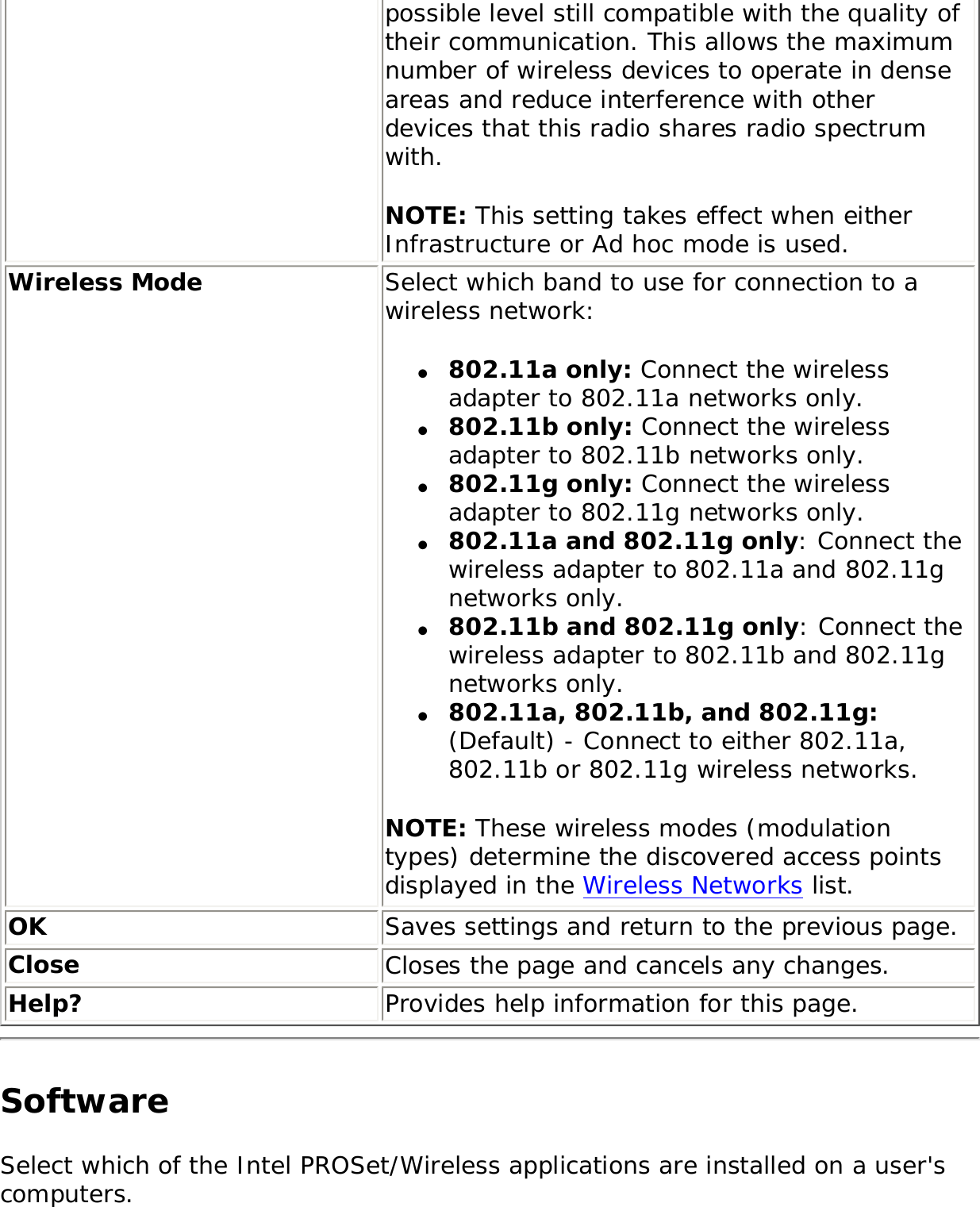 possible level still compatible with the quality of their communication. This allows the maximum number of wireless devices to operate in dense areas and reduce interference with other devices that this radio shares radio spectrum with. NOTE: This setting takes effect when either Infrastructure or Ad hoc mode is used. Wireless Mode Select which band to use for connection to a wireless network: ●     802.11a only: Connect the wireless adapter to 802.11a networks only.●     802.11b only: Connect the wireless adapter to 802.11b networks only.●     802.11g only: Connect the wireless adapter to 802.11g networks only.  ●     802.11a and 802.11g only: Connect the wireless adapter to 802.11a and 802.11g networks only.●     802.11b and 802.11g only: Connect the wireless adapter to 802.11b and 802.11g networks only.●     802.11a, 802.11b, and 802.11g: (Default) - Connect to either 802.11a, 802.11b or 802.11g wireless networks.NOTE: These wireless modes (modulation types) determine the discovered access points displayed in the Wireless Networks list.OK Saves settings and return to the previous page.Close Closes the page and cancels any changes.Help? Provides help information for this page.Software Select which of the Intel PROSet/Wireless applications are installed on a user&apos;s computers. 