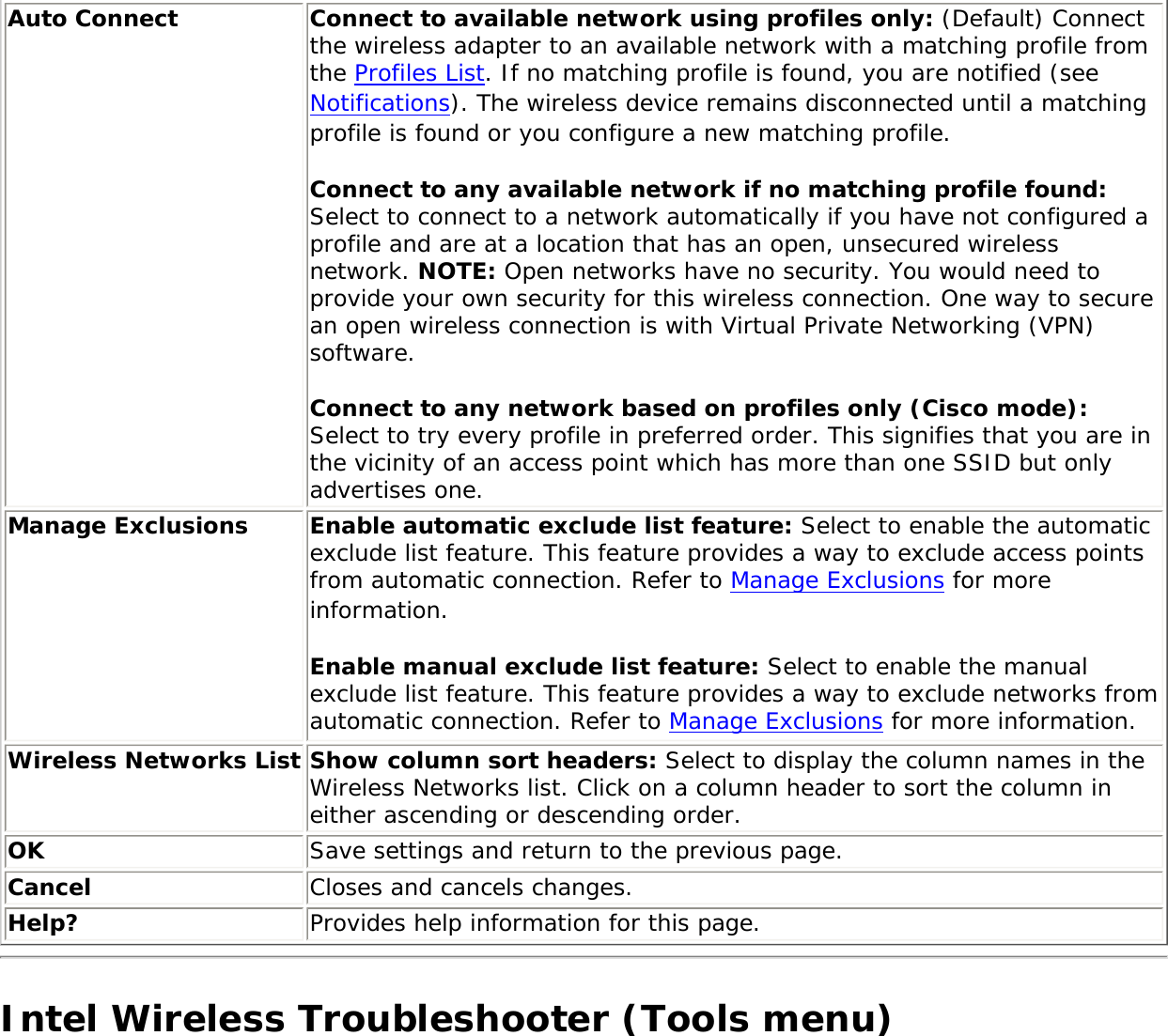 Auto Connect Connect to available network using profiles only: (Default) Connect the wireless adapter to an available network with a matching profile from the Profiles List. If no matching profile is found, you are notified (see Notifications). The wireless device remains disconnected until a matching profile is found or you configure a new matching profile. Connect to any available network if no matching profile found: Select to connect to a network automatically if you have not configured a profile and are at a location that has an open, unsecured wireless network. NOTE: Open networks have no security. You would need to provide your own security for this wireless connection. One way to secure an open wireless connection is with Virtual Private Networking (VPN) software. Connect to any network based on profiles only (Cisco mode): Select to try every profile in preferred order. This signifies that you are in the vicinity of an access point which has more than one SSID but only advertises one. Manage Exclusions Enable automatic exclude list feature: Select to enable the automatic exclude list feature. This feature provides a way to exclude access points from automatic connection. Refer to Manage Exclusions for more information. Enable manual exclude list feature: Select to enable the manual exclude list feature. This feature provides a way to exclude networks from automatic connection. Refer to Manage Exclusions for more information.Wireless Networks List Show column sort headers: Select to display the column names in the Wireless Networks list. Click on a column header to sort the column in either ascending or descending order. OK Save settings and return to the previous page.Cancel Closes and cancels changes.Help? Provides help information for this page.Intel Wireless Troubleshooter (Tools menu)