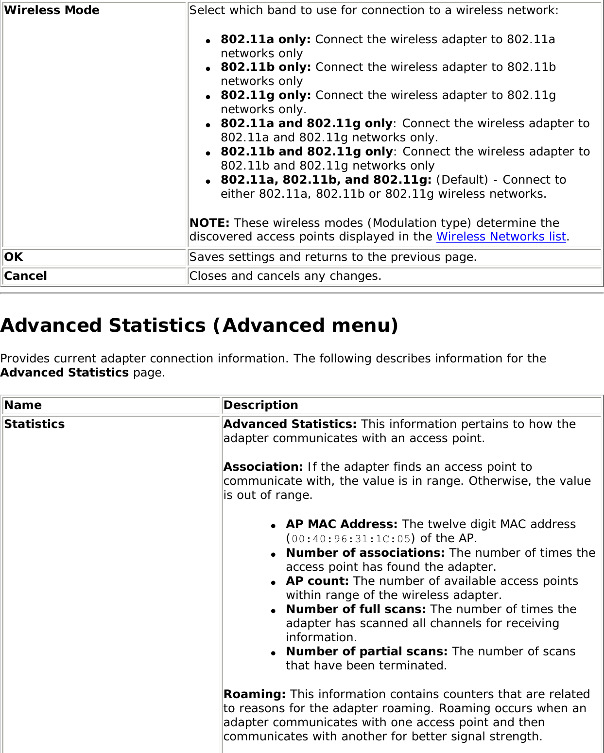 Wireless Mode Select which band to use for connection to a wireless network: ●     802.11a only: Connect the wireless adapter to 802.11a networks only●     802.11b only: Connect the wireless adapter to 802.11b networks only●     802.11g only: Connect the wireless adapter to 802.11g networks only.●     802.11a and 802.11g only: Connect the wireless adapter to 802.11a and 802.11g networks only.●     802.11b and 802.11g only: Connect the wireless adapter to 802.11b and 802.11g networks only●     802.11a, 802.11b, and 802.11g: (Default) - Connect to either 802.11a, 802.11b or 802.11g wireless networks.NOTE: These wireless modes (Modulation type) determine the discovered access points displayed in the Wireless Networks list.OK Saves settings and returns to the previous page.Cancel Closes and cancels any changes.Advanced Statistics (Advanced menu)Provides current adapter connection information. The following describes information for the Advanced Statistics page. Name DescriptionStatistics Advanced Statistics: This information pertains to how the adapter communicates with an access point. Association: If the adapter finds an access point to communicate with, the value is in range. Otherwise, the value is out of range. ●     AP MAC Address: The twelve digit MAC address (00:40:96:31:1C:05) of the AP.●     Number of associations: The number of times the access point has found the adapter.●     AP count: The number of available access points within range of the wireless adapter.●     Number of full scans: The number of times the adapter has scanned all channels for receiving information.●     Number of partial scans: The number of scans that have been terminated. Roaming: This information contains counters that are related to reasons for the adapter roaming. Roaming occurs when an adapter communicates with one access point and then communicates with another for better signal strength. 