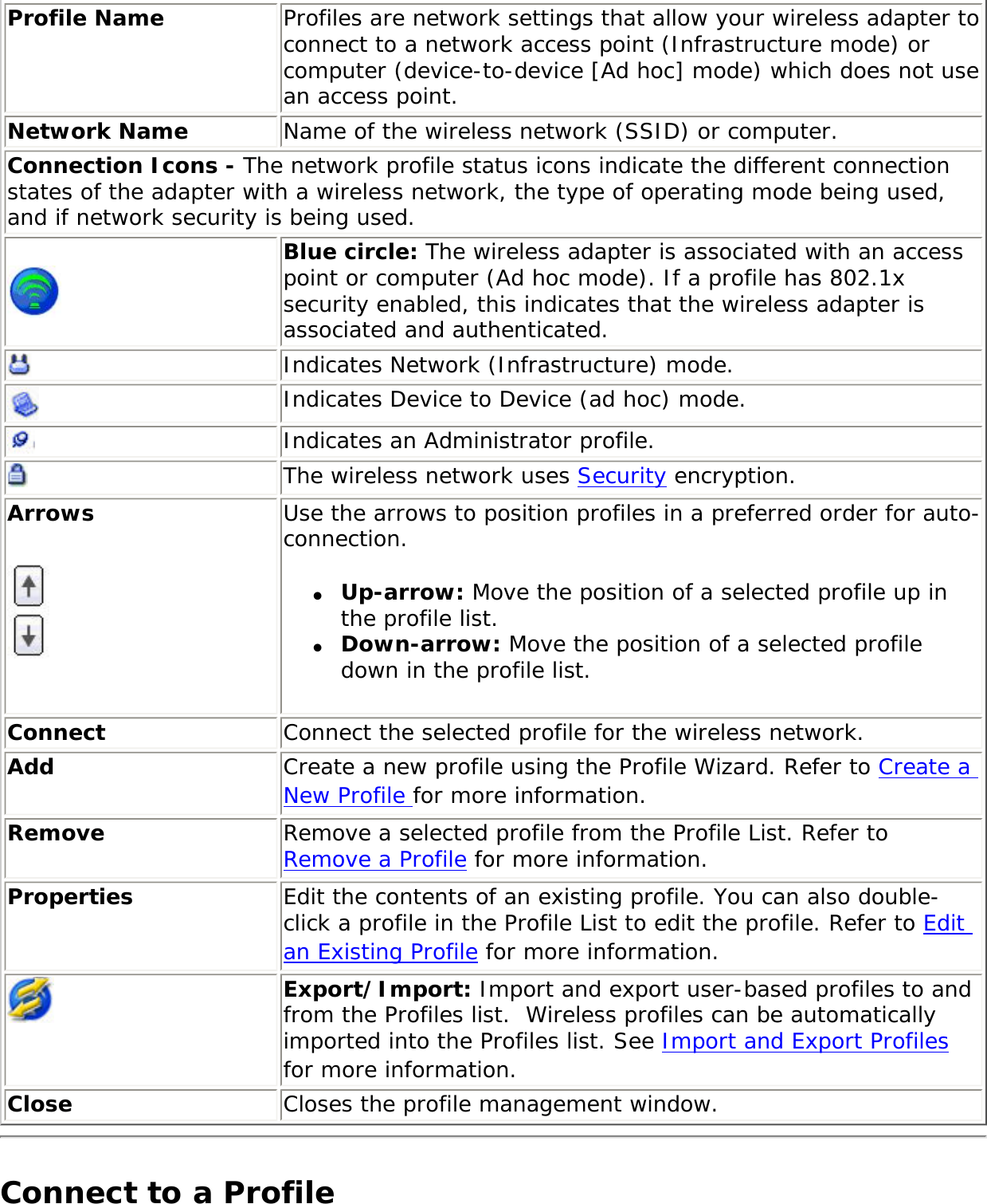 Profile Name Profiles are network settings that allow your wireless adapter to connect to a network access point (Infrastructure mode) or computer (device-to-device [Ad hoc] mode) which does not use an access point. Network Name Name of the wireless network (SSID) or computer.Connection Icons - The network profile status icons indicate the different connection states of the adapter with a wireless network, the type of operating mode being used, and if network security is being used. Blue circle: The wireless adapter is associated with an access point or computer (Ad hoc mode). If a profile has 802.1x security enabled, this indicates that the wireless adapter is associated and authenticated.Indicates Network (Infrastructure) mode.Indicates Device to Device (ad hoc) mode.Indicates an Administrator profile. The wireless network uses Security encryption.Arrows Use the arrows to position profiles in a preferred order for auto-connection. ●     Up-arrow: Move the position of a selected profile up in the profile list. ●     Down-arrow: Move the position of a selected profile down in the profile list.   Connect Connect the selected profile for the wireless network.Add  Create a new profile using the Profile Wizard. Refer to Create a New Profile for more information.Remove  Remove a selected profile from the Profile List. Refer to Remove a Profile for more information.Properties Edit the contents of an existing profile. You can also double-click a profile in the Profile List to edit the profile. Refer to Edit an Existing Profile for more information.Export/Import: Import and export user-based profiles to and from the Profiles list.  Wireless profiles can be automatically imported into the Profiles list. See Import and Export Profiles for more information.Close Closes the profile management window.Connect to a Profile