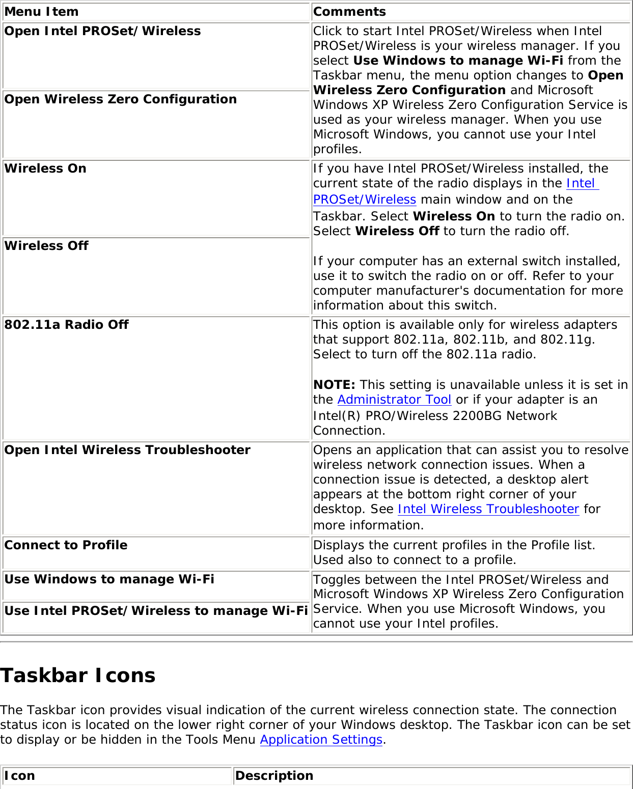 Menu Item CommentsOpen Intel PROSet/Wireless Click to start Intel PROSet/Wireless when Intel PROSet/Wireless is your wireless manager. If you select Use Windows to manage Wi-Fi from the Taskbar menu, the menu option changes to Open Wireless Zero Configuration and Microsoft Windows XP Wireless Zero Configuration Service is used as your wireless manager. When you use Microsoft Windows, you cannot use your Intel profiles. Open Wireless Zero Configuration Wireless On If you have Intel PROSet/Wireless installed, the current state of the radio displays in the Intel PROSet/Wireless main window and on the Taskbar. Select Wireless On to turn the radio on. Select Wireless Off to turn the radio off. If your computer has an external switch installed, use it to switch the radio on or off. Refer to your computer manufacturer&apos;s documentation for more information about this switch. Wireless Off 802.11a Radio Off  This option is available only for wireless adapters that support 802.11a, 802.11b, and 802.11g. Select to turn off the 802.11a radio. NOTE: This setting is unavailable unless it is set in the Administrator Tool or if your adapter is an Intel(R) PRO/Wireless 2200BG Network Connection.Open Intel Wireless Troubleshooter  Opens an application that can assist you to resolve wireless network connection issues. When a connection issue is detected, a desktop alert appears at the bottom right corner of your desktop. See Intel Wireless Troubleshooter for more information. Connect to Profile  Displays the current profiles in the Profile list. Used also to connect to a profile. Use Windows to manage Wi-Fi  Toggles between the Intel PROSet/Wireless and Microsoft Windows XP Wireless Zero Configuration Service. When you use Microsoft Windows, you cannot use your Intel profiles. Use Intel PROSet/Wireless to manage Wi-Fi Taskbar IconsThe Taskbar icon provides visual indication of the current wireless connection state. The connection status icon is located on the lower right corner of your Windows desktop. The Taskbar icon can be set to display or be hidden in the Tools Menu Application Settings. Icon Description