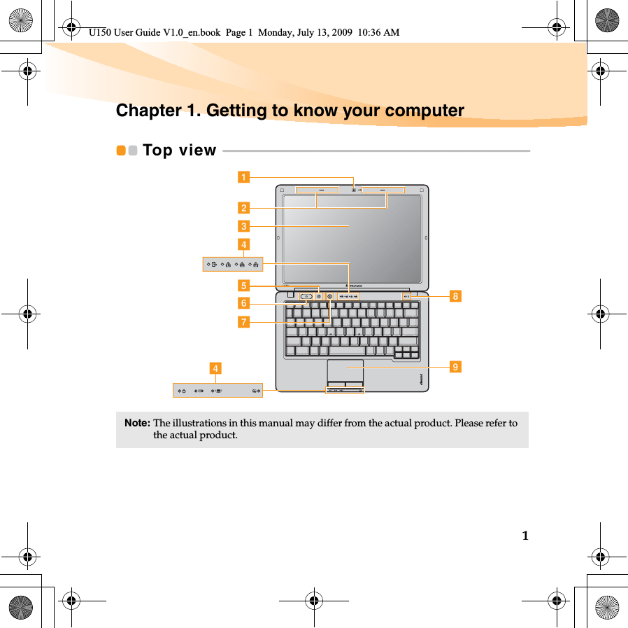 1Chapter 1. Getting to know your computerTop view  - - - - - - - - - - - - - - - - - - - - - - - - - - - - - - - - - - - - - - - - - - - - - - - - - - - - - - - - - - - - - - - - - - - - - - - - - - - - - - - - - - - - - - - - - - -Note: The illustrations in this manual may differ from the actual product. Please refer to the actual product. dbcdaihefgU150 User Guide V1.0_en.book  Page 1  Monday, July 13, 2009  10:36 AM