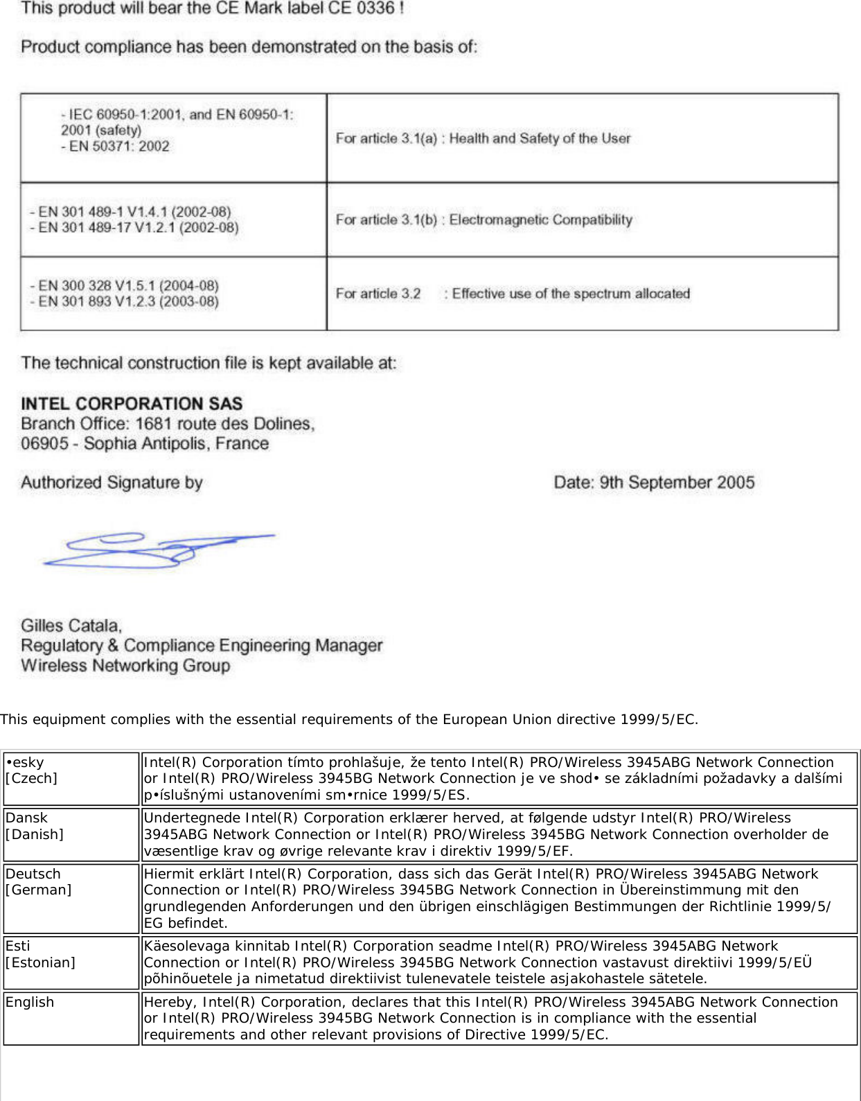 This equipment complies with the essential requirements of the European Union directive 1999/5/EC.•esky [Czech] Intel(R) Corporation tímto prohlašuje, že tento Intel(R) PRO/Wireless 3945ABG Network Connection or Intel(R) PRO/Wireless 3945BG Network Connection je ve shod• se základními požadavky a dalšími p•íslušnými ustanoveními sm•rnice 1999/5/ES.Dansk [Danish] Undertegnede Intel(R) Corporation erklærer herved, at følgende udstyr Intel(R) PRO/Wireless 3945ABG Network Connection or Intel(R) PRO/Wireless 3945BG Network Connection overholder de væsentlige krav og øvrige relevante krav i direktiv 1999/5/EF.Deutsch [German] Hiermit erklärt Intel(R) Corporation, dass sich das Gerät Intel(R) PRO/Wireless 3945ABG Network Connection or Intel(R) PRO/Wireless 3945BG Network Connection in Übereinstimmung mit den grundlegenden Anforderungen und den übrigen einschlägigen Bestimmungen der Richtlinie 1999/5/EG befindet.Esti [Estonian] Käesolevaga kinnitab Intel(R) Corporation seadme Intel(R) PRO/Wireless 3945ABG Network Connection or Intel(R) PRO/Wireless 3945BG Network Connection vastavust direktiivi 1999/5/EÜ põhinõuetele ja nimetatud direktiivist tulenevatele teistele asjakohastele sätetele.English Hereby, Intel(R) Corporation, declares that this Intel(R) PRO/Wireless 3945ABG Network Connection or Intel(R) PRO/Wireless 3945BG Network Connection is in compliance with the essential requirements and other relevant provisions of Directive 1999/5/EC.