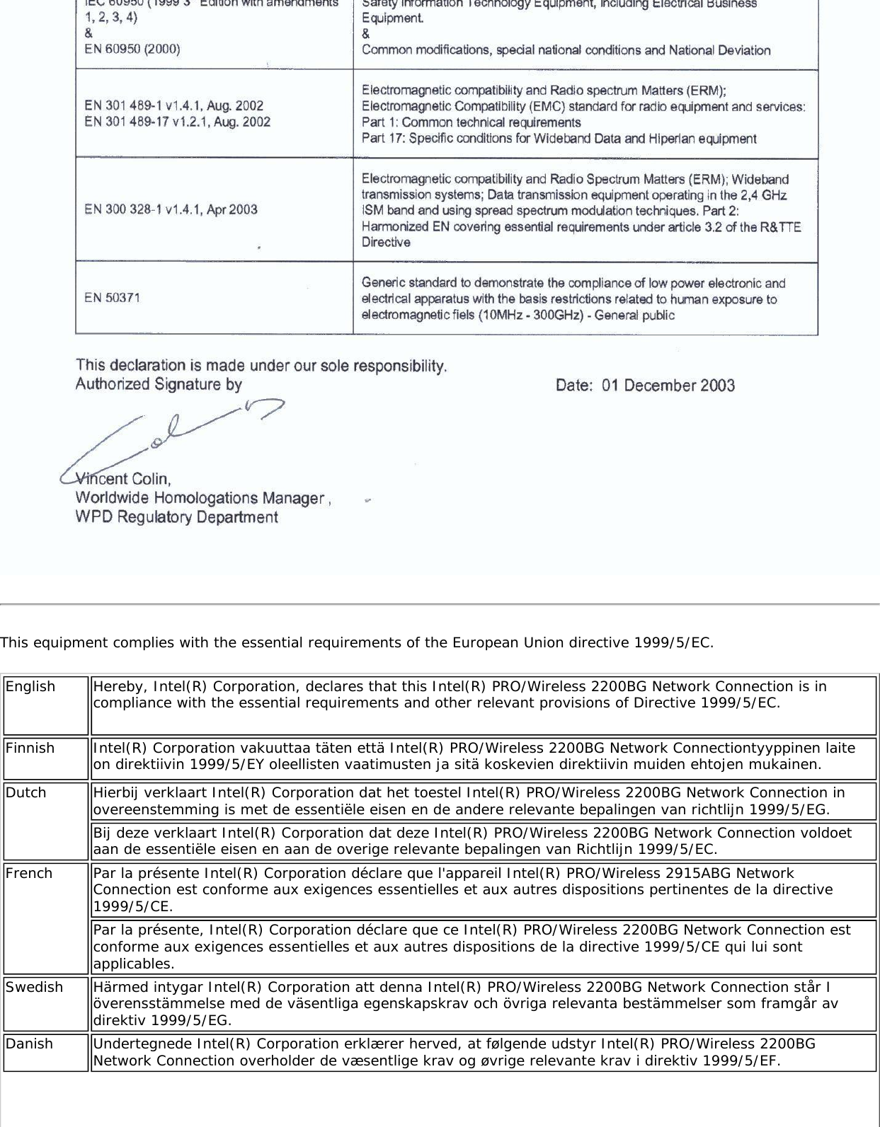 This equipment complies with the essential requirements of the European Union directive 1999/5/EC.English Hereby, Intel(R) Corporation, declares that this Intel(R) PRO/Wireless 2200BG Network Connection is in compliance with the essential requirements and other relevant provisions of Directive 1999/5/EC.Finnish Intel(R) Corporation vakuuttaa täten että Intel(R) PRO/Wireless 2200BG Network Connectiontyyppinen laite on direktiivin 1999/5/EY oleellisten vaatimusten ja sitä koskevien direktiivin muiden ehtojen mukainen. Dutch Hierbij verklaart Intel(R) Corporation dat het toestel Intel(R) PRO/Wireless 2200BG Network Connection in overeenstemming is met de essentiële eisen en de andere relevante bepalingen van richtlijn 1999/5/EG. Bij deze verklaart Intel(R) Corporation dat deze Intel(R) PRO/Wireless 2200BG Network Connection voldoet aan de essentiële eisen en aan de overige relevante bepalingen van Richtlijn 1999/5/EC.French Par la présente Intel(R) Corporation déclare que l&apos;appareil Intel(R) PRO/Wireless 2915ABG Network Connection est conforme aux exigences essentielles et aux autres dispositions pertinentes de la directive 1999/5/CE. Par la présente, Intel(R) Corporation déclare que ce Intel(R) PRO/Wireless 2200BG Network Connection est conforme aux exigences essentielles et aux autres dispositions de la directive 1999/5/CE qui lui sont applicables. Swedish Härmed intygar Intel(R) Corporation att denna Intel(R) PRO/Wireless 2200BG Network Connection står I överensstämmelse med de väsentliga egenskapskrav och övriga relevanta bestämmelser som framgår av direktiv 1999/5/EG. Danish Undertegnede Intel(R) Corporation erklærer herved, at følgende udstyr Intel(R) PRO/Wireless 2200BG Network Connection overholder de væsentlige krav og øvrige relevante krav i direktiv 1999/5/EF.