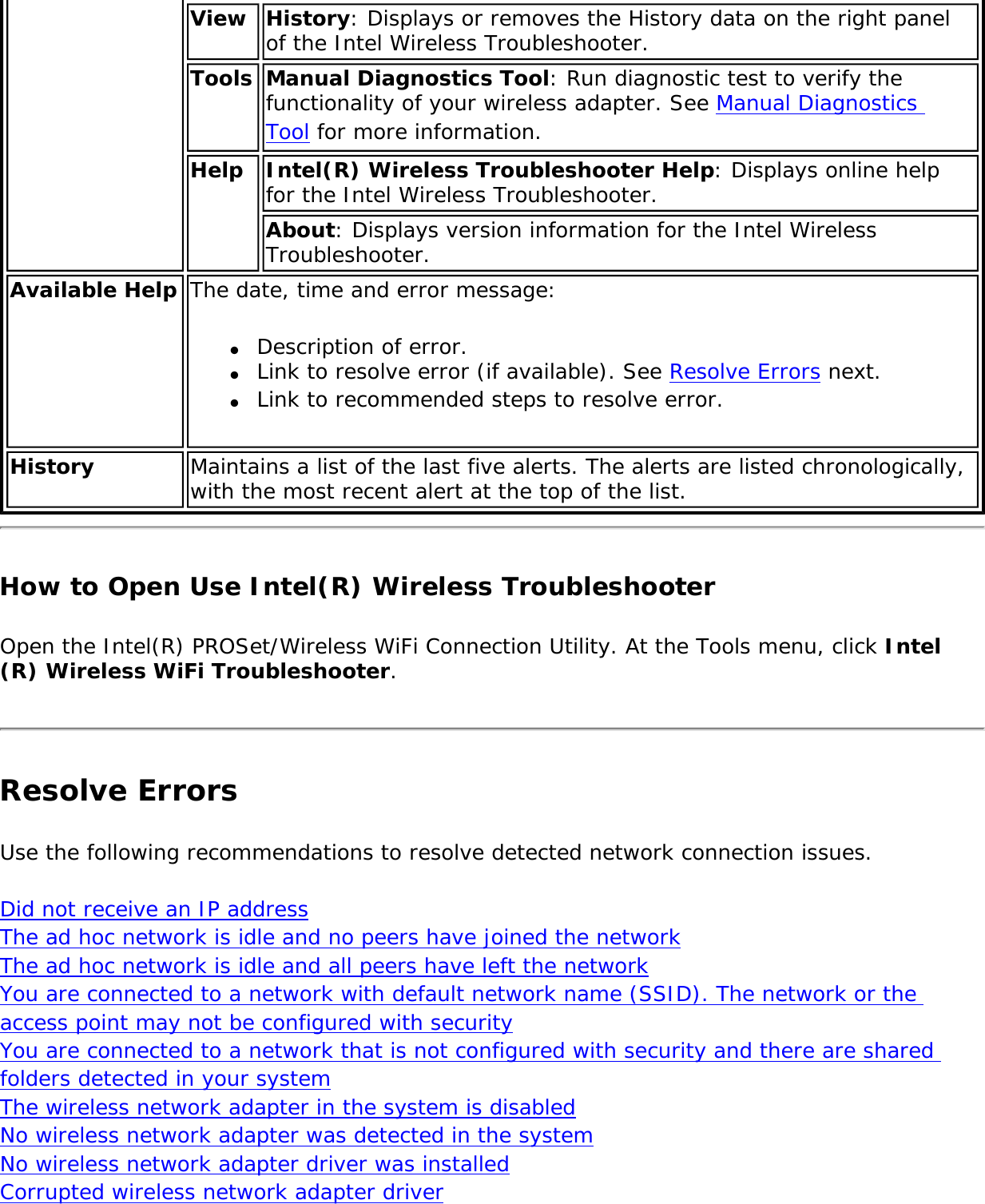 View History: Displays or removes the History data on the right panel of the Intel Wireless Troubleshooter. Tools Manual Diagnostics Tool: Run diagnostic test to verify the functionality of your wireless adapter. See Manual Diagnostics Tool for more information.Help Intel(R) Wireless Troubleshooter Help: Displays online help for the Intel Wireless Troubleshooter. About: Displays version information for the Intel Wireless Troubleshooter.Available Help The date, time and error message: ●     Description of error.●     Link to resolve error (if available). See Resolve Errors next.●     Link to recommended steps to resolve error.History Maintains a list of the last five alerts. The alerts are listed chronologically, with the most recent alert at the top of the list.How to Open Use Intel(R) Wireless TroubleshooterOpen the Intel(R) PROSet/Wireless WiFi Connection Utility. At the Tools menu, click Intel(R) Wireless WiFi Troubleshooter.Resolve ErrorsUse the following recommendations to resolve detected network connection issues. Did not receive an IP address  The ad hoc network is idle and no peers have joined the network The ad hoc network is idle and all peers have left the network You are connected to a network with default network name (SSID). The network or the access point may not be configured with security You are connected to a network that is not configured with security and there are shared folders detected in your system The wireless network adapter in the system is disabled No wireless network adapter was detected in the system No wireless network adapter driver was installed Corrupted wireless network adapter driver 