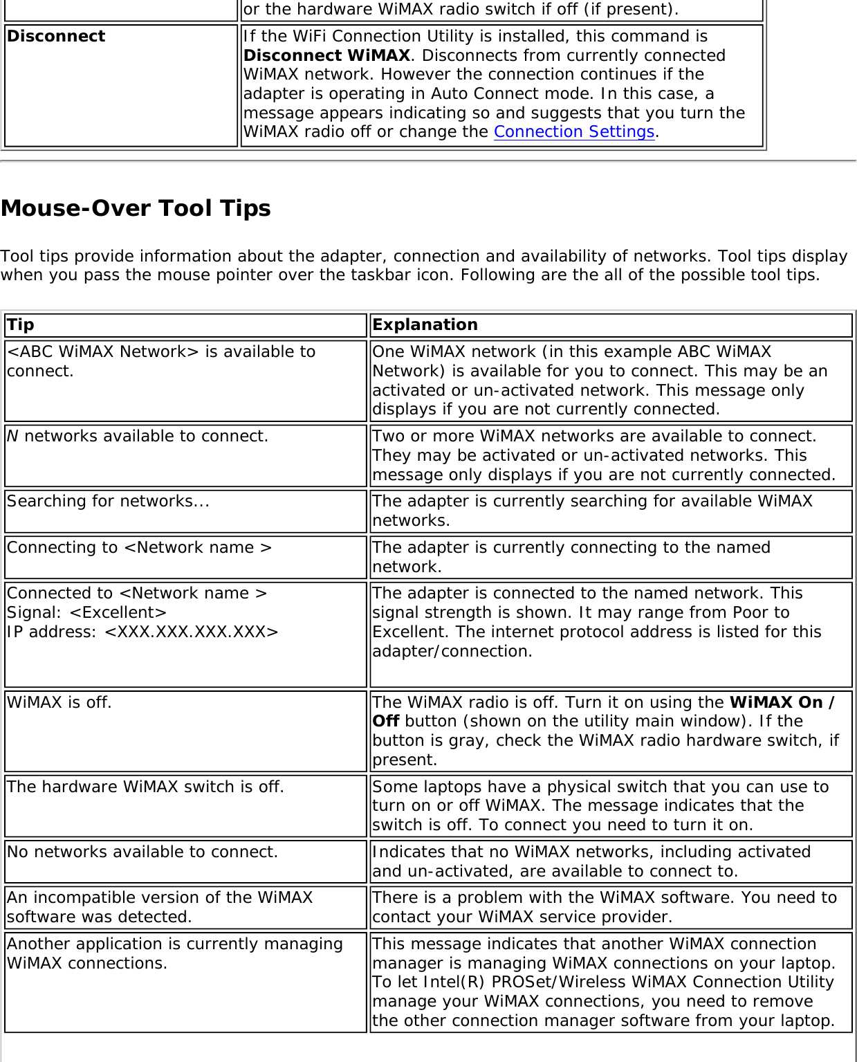 or the hardware WiMAX radio switch if off (if present). Disconnect If the WiFi Connection Utility is installed, this command is Disconnect WiMAX. Disconnects from currently connected WiMAX network. However the connection continues if the adapter is operating in Auto Connect mode. In this case, a message appears indicating so and suggests that you turn the WiMAX radio off or change the Connection Settings.Mouse-Over Tool TipsTool tips provide information about the adapter, connection and availability of networks. Tool tips display when you pass the mouse pointer over the taskbar icon. Following are the all of the possible tool tips. Tip  Explanation&lt;ABC WiMAX Network&gt; is available to connect. One WiMAX network (in this example ABC WiMAX Network) is available for you to connect. This may be an activated or un-activated network. This message only displays if you are not currently connected.N networks available to connect.  Two or more WiMAX networks are available to connect. They may be activated or un-activated networks. This message only displays if you are not currently connected.Searching for networks...  The adapter is currently searching for available WiMAX networks.Connecting to &lt;Network name &gt; The adapter is currently connecting to the named network. Connected to &lt;Network name &gt; Signal: &lt;Excellent&gt; IP address: &lt;XXX.XXX.XXX.XXX&gt;The adapter is connected to the named network. This signal strength is shown. It may range from Poor to Excellent. The internet protocol address is listed for this adapter/connection. WiMAX is off. The WiMAX radio is off. Turn it on using the WiMAX On / Off button (shown on the utility main window). If the button is gray, check the WiMAX radio hardware switch, if present. The hardware WiMAX switch is off.  Some laptops have a physical switch that you can use to turn on or off WiMAX. The message indicates that the switch is off. To connect you need to turn it on. No networks available to connect.  Indicates that no WiMAX networks, including activated and un-activated, are available to connect to. An incompatible version of the WiMAX software was detected.  There is a problem with the WiMAX software. You need to contact your WiMAX service provider.Another application is currently managing WiMAX connections. This message indicates that another WiMAX connection manager is managing WiMAX connections on your laptop. To let Intel(R) PROSet/Wireless WiMAX Connection Utility manage your WiMAX connections, you need to remove the other connection manager software from your laptop.