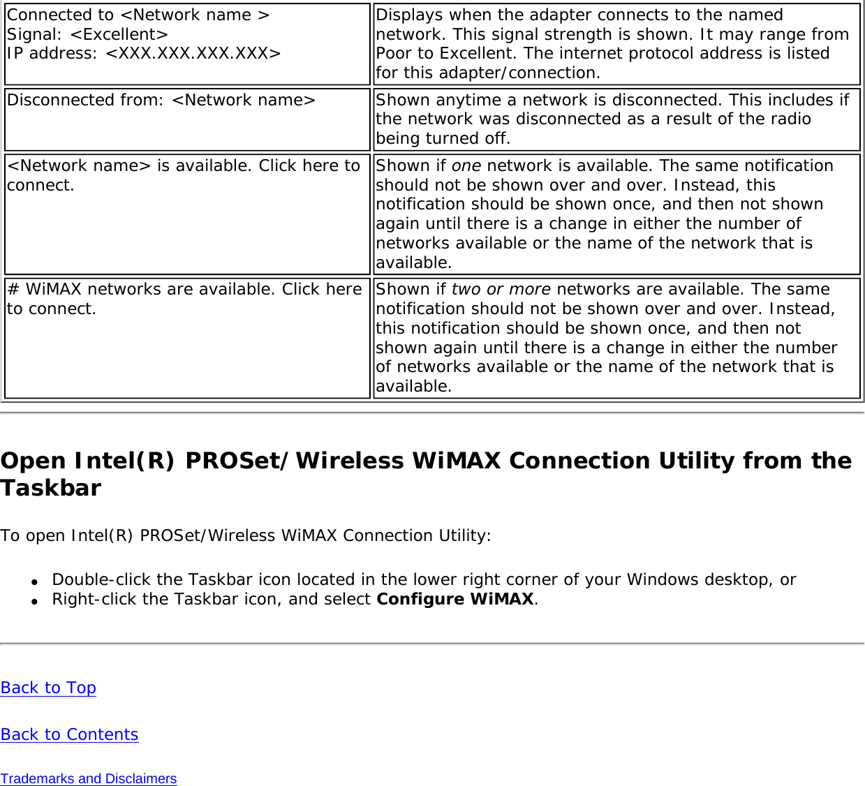 Connected to &lt;Network name &gt; Signal: &lt;Excellent&gt; IP address: &lt;XXX.XXX.XXX.XXX&gt;Displays when the adapter connects to the named network. This signal strength is shown. It may range from Poor to Excellent. The internet protocol address is listed for this adapter/connection.Disconnected from: &lt;Network name&gt; Shown anytime a network is disconnected. This includes if the network was disconnected as a result of the radio being turned off.&lt;Network name&gt; is available. Click here to connect. Shown if one network is available. The same notification should not be shown over and over. Instead, this notification should be shown once, and then not shown again until there is a change in either the number of networks available or the name of the network that is available.# WiMAX networks are available. Click here to connect. Shown if two or more networks are available. The same notification should not be shown over and over. Instead, this notification should be shown once, and then not shown again until there is a change in either the number of networks available or the name of the network that is available.Open Intel(R) PROSet/Wireless WiMAX Connection Utility from the TaskbarTo open Intel(R) PROSet/Wireless WiMAX Connection Utility: ●     Double-click the Taskbar icon located in the lower right corner of your Windows desktop, or ●     Right-click the Taskbar icon, and select Configure WiMAX.Back to TopBack to ContentsTrademarks and Disclaimers