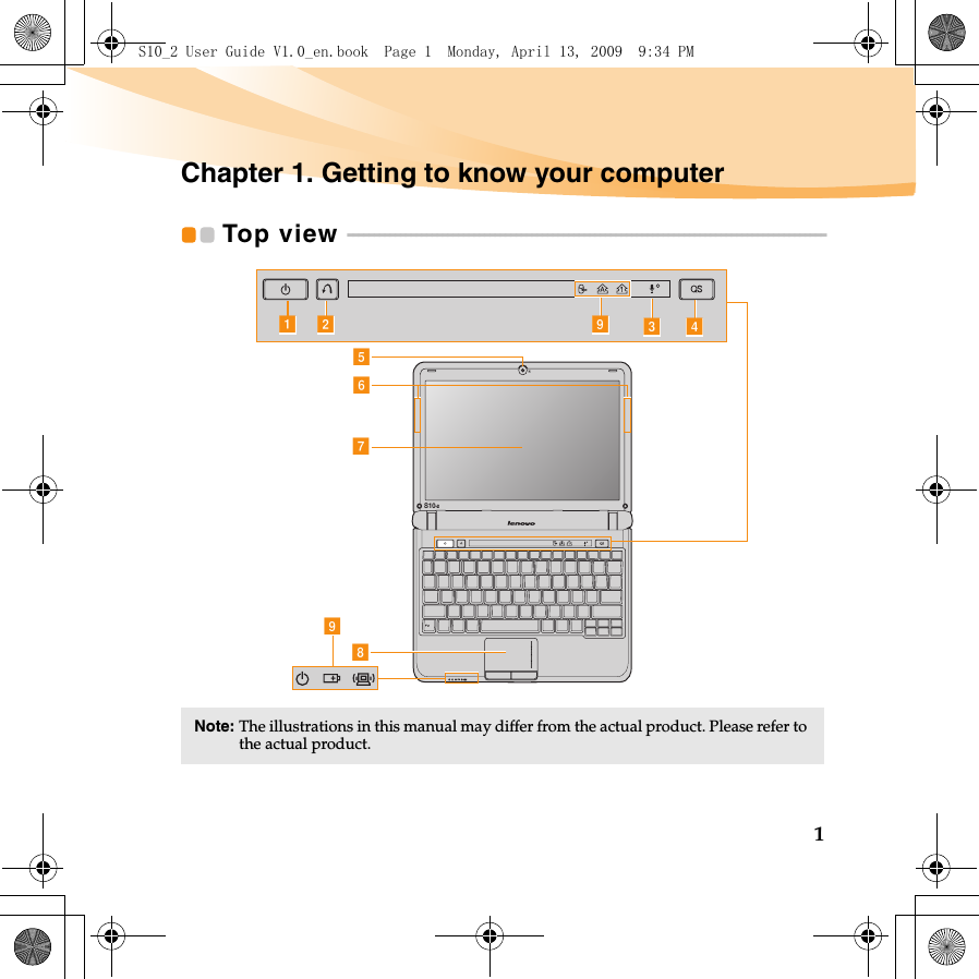 1Chapter 1. Getting to know your computerTop view  - - - - - - - - - - - - - - - - - - - - - - - - - - - - - - - - - - - - - - - - - - - - - - - - - - - - - - - - - - - - - - - - - - - - - - - - - - - - - - - - - - - - - - - - - - -Note: The illustrations in this manual may differ from the actual product. Please refer to the actual product. S10-2ghifea b cidS10_2 User Guide V1.0_en.book  Page 1  Monday, April 13, 2009  9:34 PM