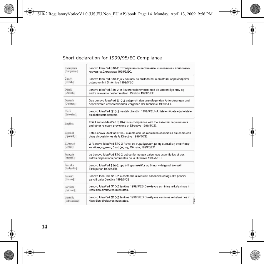 14S10-2 RegulatoryNoticeV1.0 (US,EU,Non_EU,AP).book  Page 14  Monday, April 13, 2009  9:56 PM