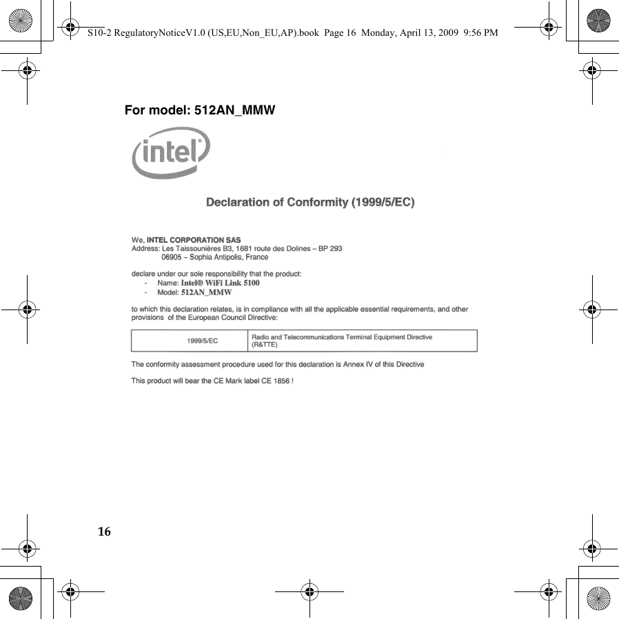 16For model: 512AN_MMWS10-2 RegulatoryNoticeV1.0 (US,EU,Non_EU,AP).book  Page 16  Monday, April 13, 2009  9:56 PM