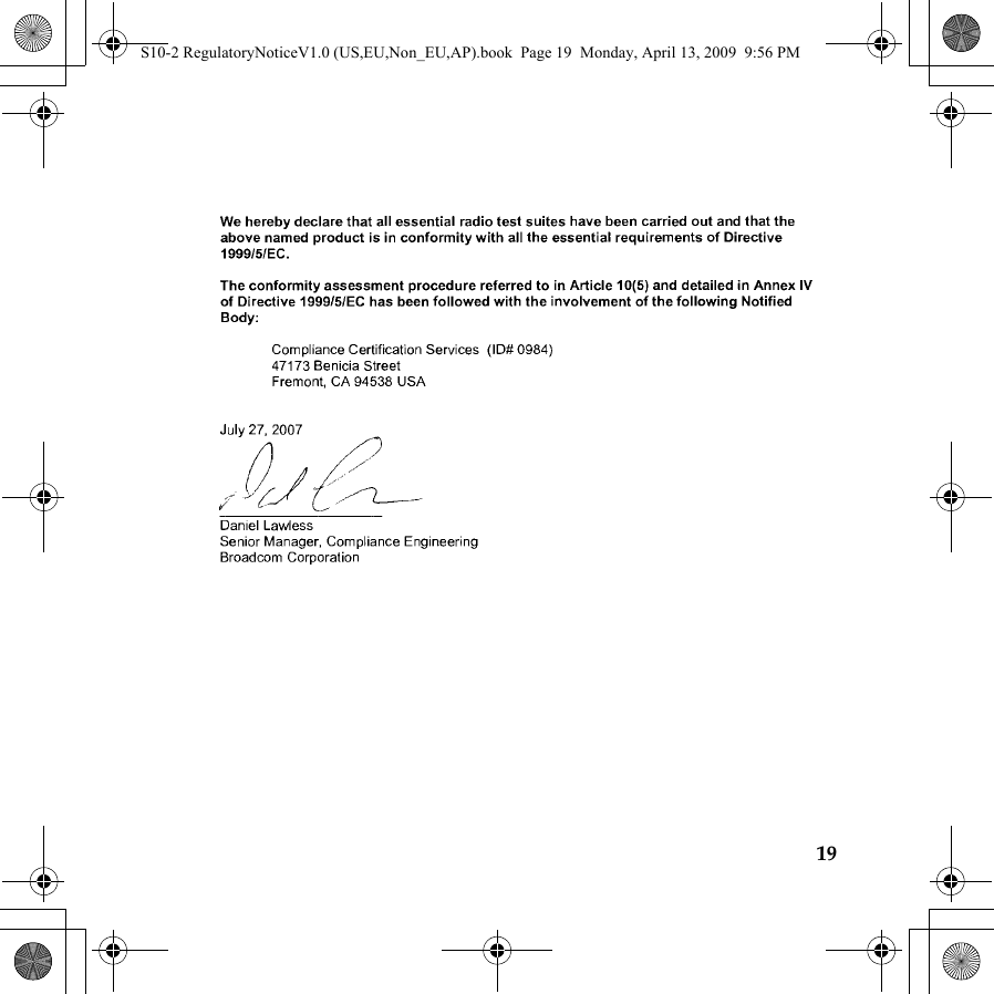 19S10-2 RegulatoryNoticeV1.0 (US,EU,Non_EU,AP).book  Page 19  Monday, April 13, 2009  9:56 PM