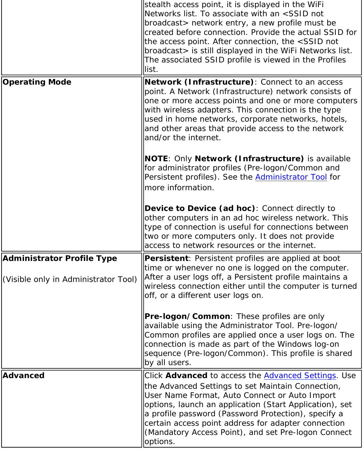stealth access point, it is displayed in the WiFi Networks list. To associate with an &lt;SSID not broadcast&gt; network entry, a new profile must be created before connection. Provide the actual SSID for the access point. After connection, the &lt;SSID not broadcast&gt; is still displayed in the WiFi Networks list. The associated SSID profile is viewed in the Profiles list.Operating Mode Network (Infrastructure): Connect to an access point. A Network (Infrastructure) network consists of one or more access points and one or more computers with wireless adapters. This connection is the type used in home networks, corporate networks, hotels, and other areas that provide access to the network and/or the internet.NOTE: Only Network (Infrastructure) is available for administrator profiles (Pre-logon/Common and Persistent profiles). See the Administrator Tool for more information.Device to Device (ad hoc): Connect directly to other computers in an ad hoc wireless network. This type of connection is useful for connections between two or more computers only. It does not provide access to network resources or the internet.Administrator Profile Type(Visible only in Administrator Tool) Persistent: Persistent profiles are applied at boot time or whenever no one is logged on the computer. After a user logs off, a Persistent profile maintains a wireless connection either until the computer is turned off, or a different user logs on.Pre-logon/Common: These profiles are only available using the Administrator Tool. Pre-logon/Common profiles are applied once a user logs on. The connection is made as part of the Windows log-on sequence (Pre-logon/Common). This profile is shared by all users.Advanced Click Advanced to access the Advanced Settings. Use the Advanced Settings to set Maintain Connection, User Name Format, Auto Connect or Auto Import options, launch an application (Start Application), set a profile password (Password Protection), specify a certain access point address for adapter connection (Mandatory Access Point), and set Pre-logon Connect options.