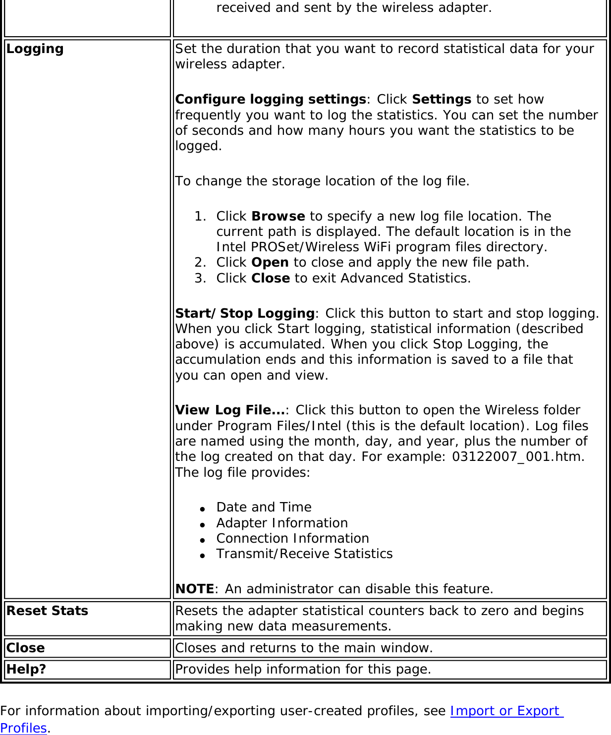 received and sent by the wireless adapter.Logging Set the duration that you want to record statistical data for your wireless adapter.Configure logging settings: Click Settings to set how frequently you want to log the statistics. You can set the number of seconds and how many hours you want the statistics to be logged.To change the storage location of the log file.1.  Click Browse to specify a new log file location. The current path is displayed. The default location is in the Intel PROSet/Wireless WiFi program files directory. 2.  Click Open to close and apply the new file path.3.  Click Close to exit Advanced Statistics.Start/Stop Logging: Click this button to start and stop logging. When you click Start logging, statistical information (described above) is accumulated. When you click Stop Logging, the accumulation ends and this information is saved to a file that you can open and view. View Log File...: Click this button to open the Wireless folder under Program Files/Intel (this is the default location). Log files are named using the month, day, and year, plus the number of the log created on that day. For example: 03122007_001.htm. The log file provides:●     Date and Time●     Adapter Information●     Connection Information●     Transmit/Receive Statistics NOTE: An administrator can disable this feature.Reset Stats Resets the adapter statistical counters back to zero and begins making new data measurements.Close Closes and returns to the main window.Help? Provides help information for this page.For information about importing/exporting user-created profiles, see Import or Export Profiles. 